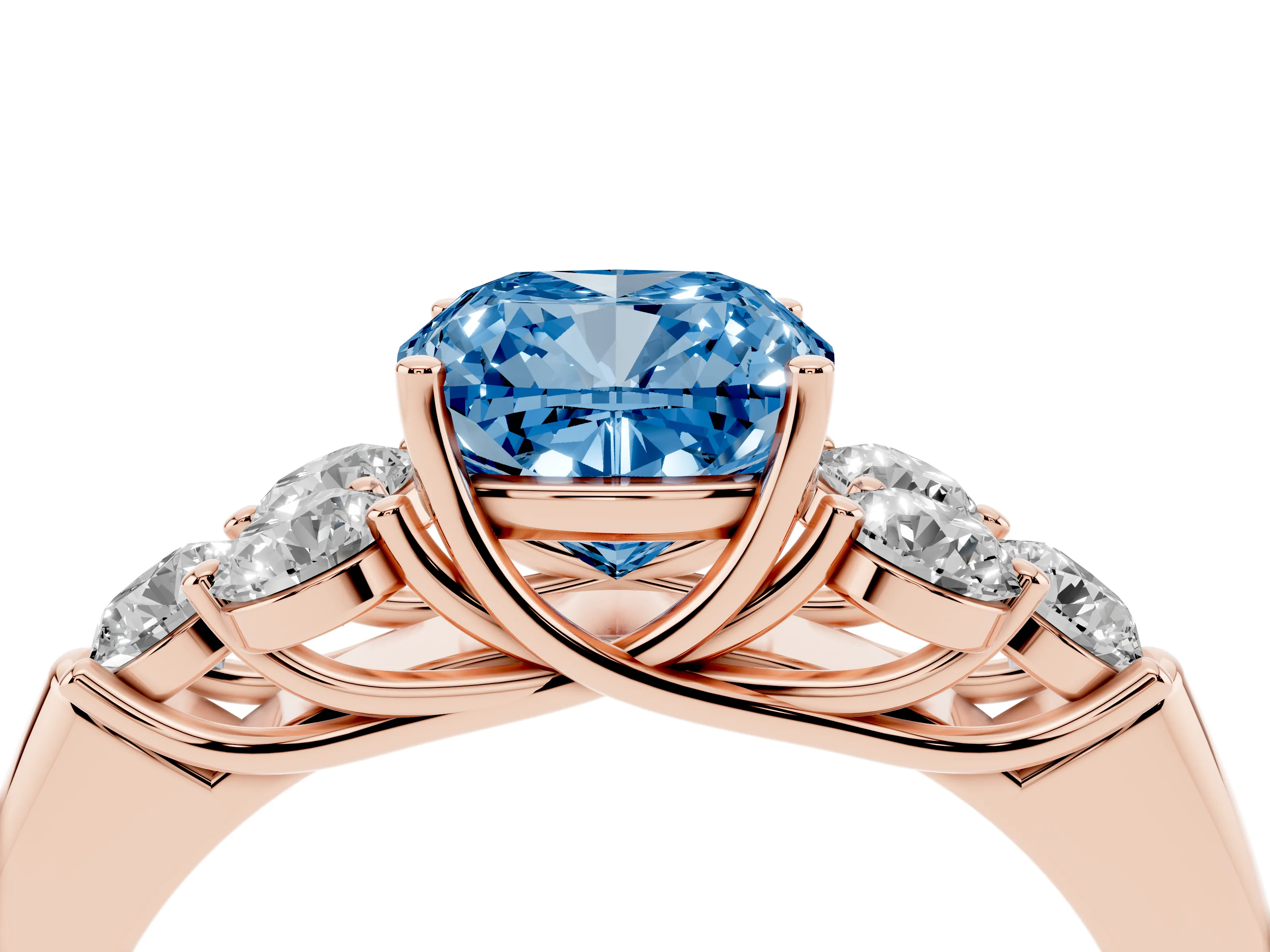 Fancy Blue Cushion Cut Diamond Cluster Ring Set in Rose gold with Round Accent Stones and Prong Setting on a Plain Band