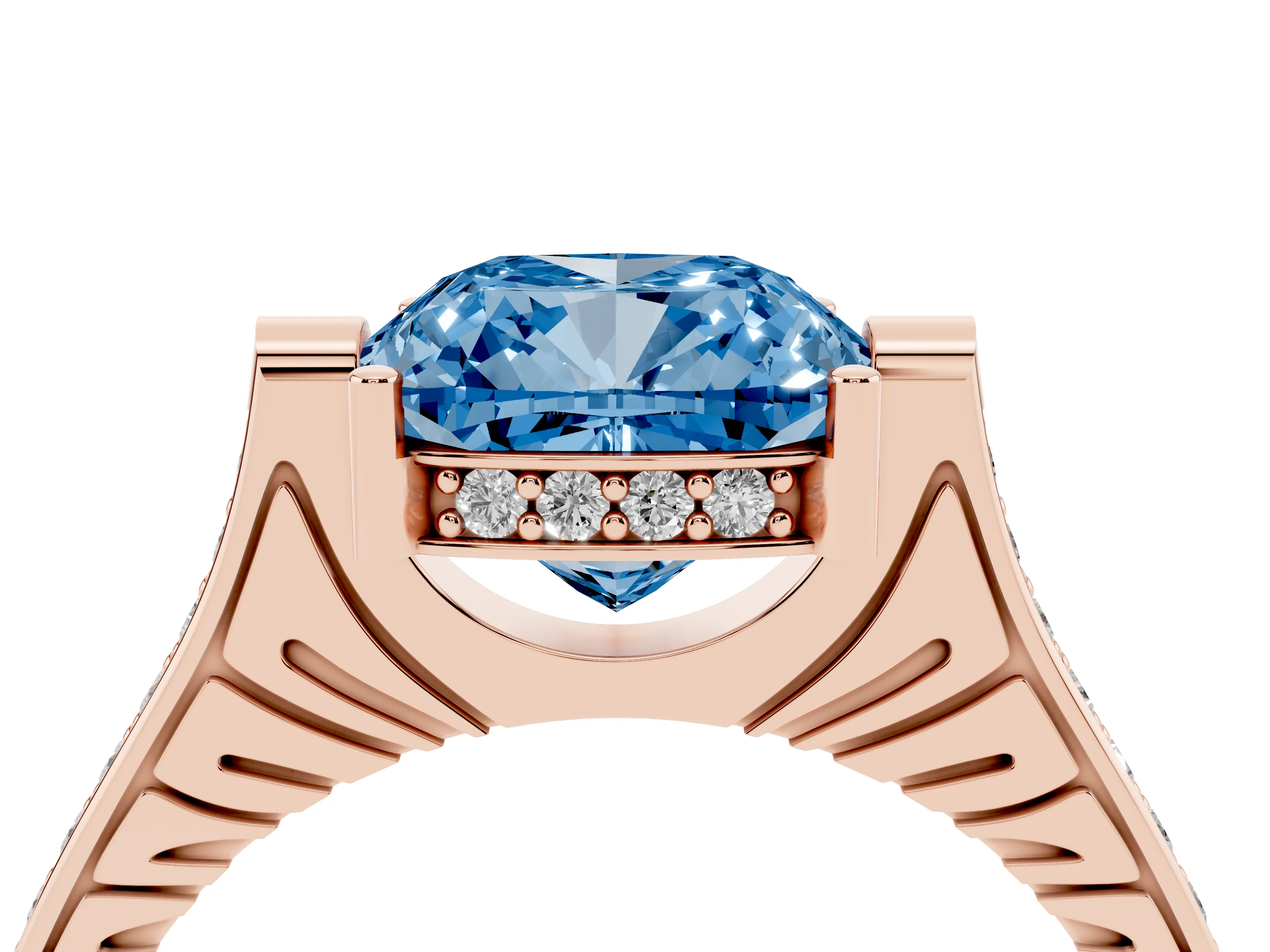 Fancy Blue Cushion Cut Diamond Solitaire Ring Set in Rose gold with Channel Set Band and Bezel Prong Setting