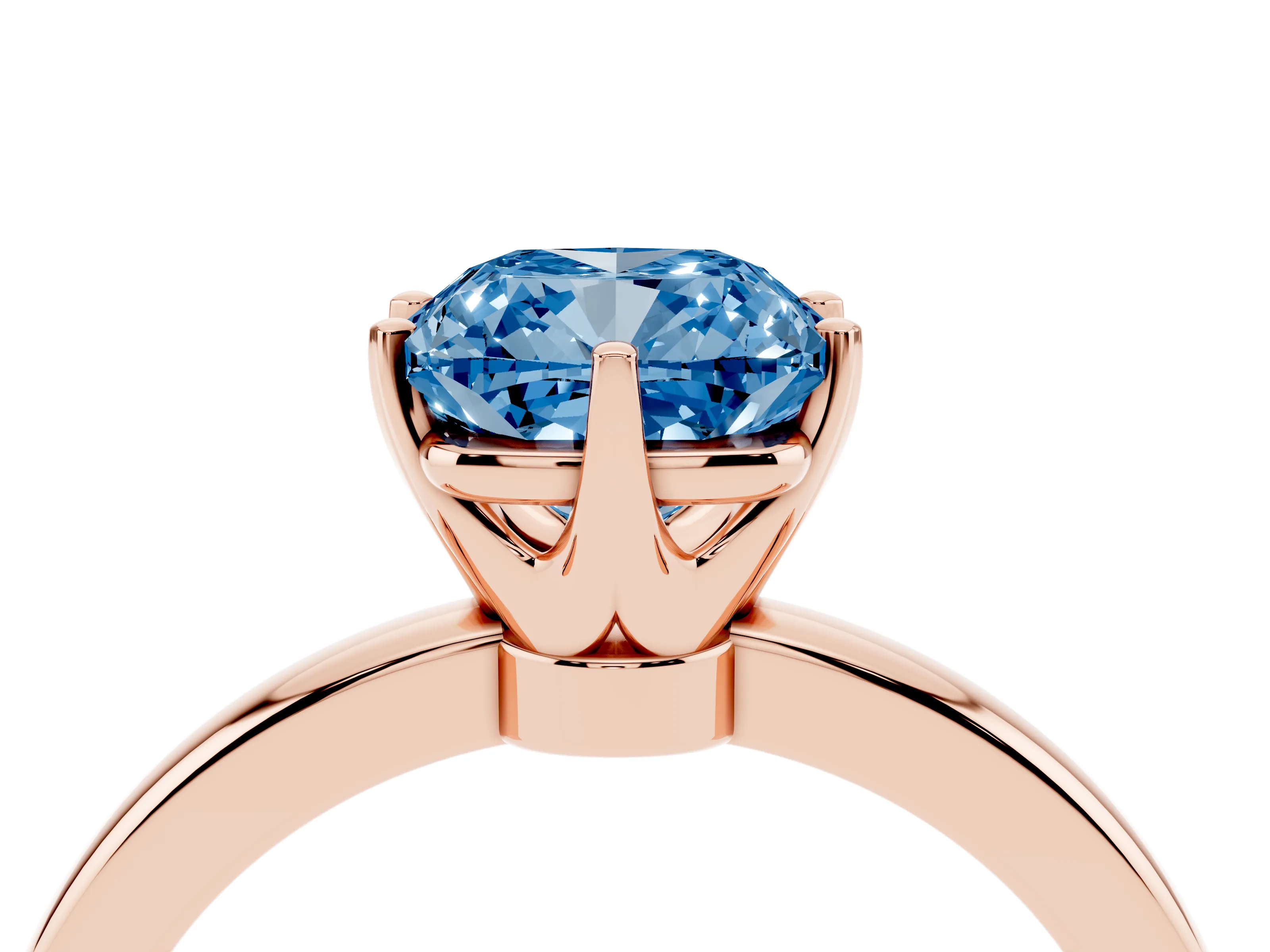 Fancy Blue Cushion Cut Diamond Solitaire Ring Set in Rose gold with Raised Prong Setting on a Classic Band