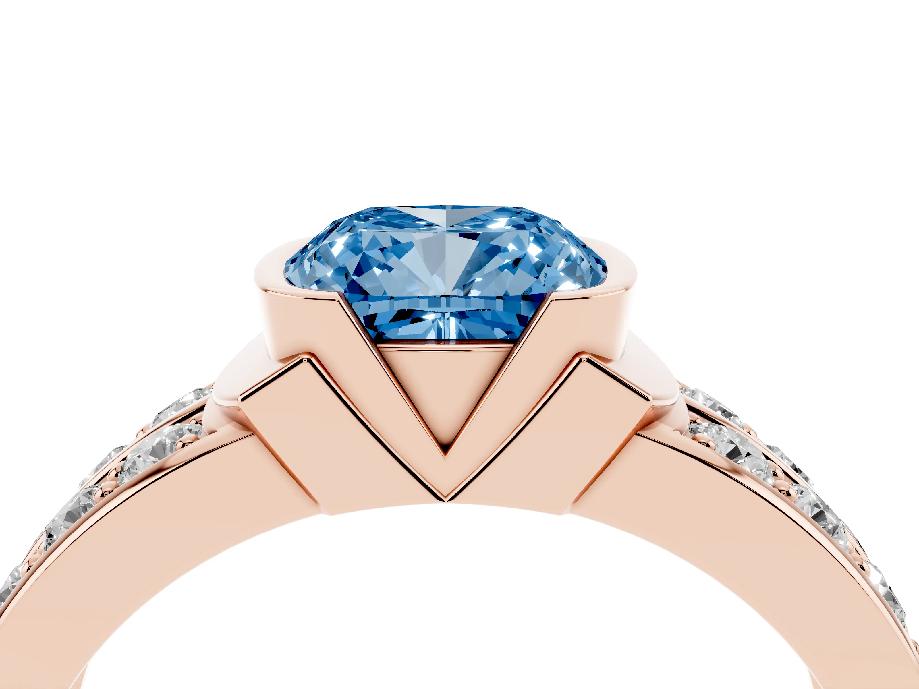 Fancy Blue Cushion Cut Diamond Wide Channel Set Band Ring Set in Rose gold with Bezel Setting