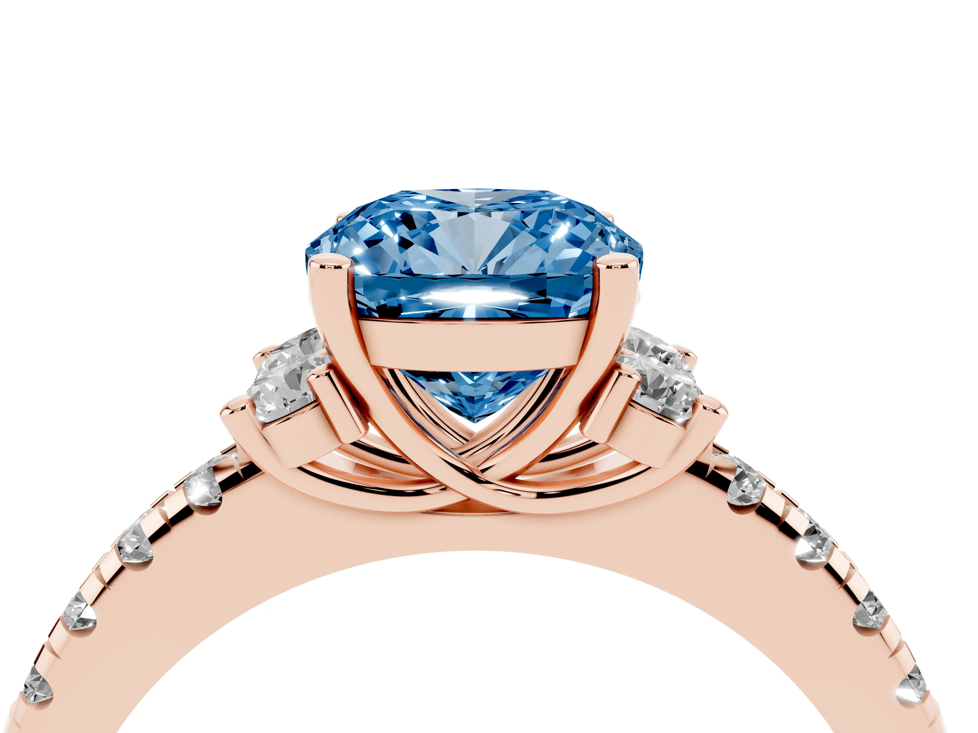 Fancy Blue Cushion Cut Diamond Three-Stone Pavé Ring Set in Rose gold with Prong Setting