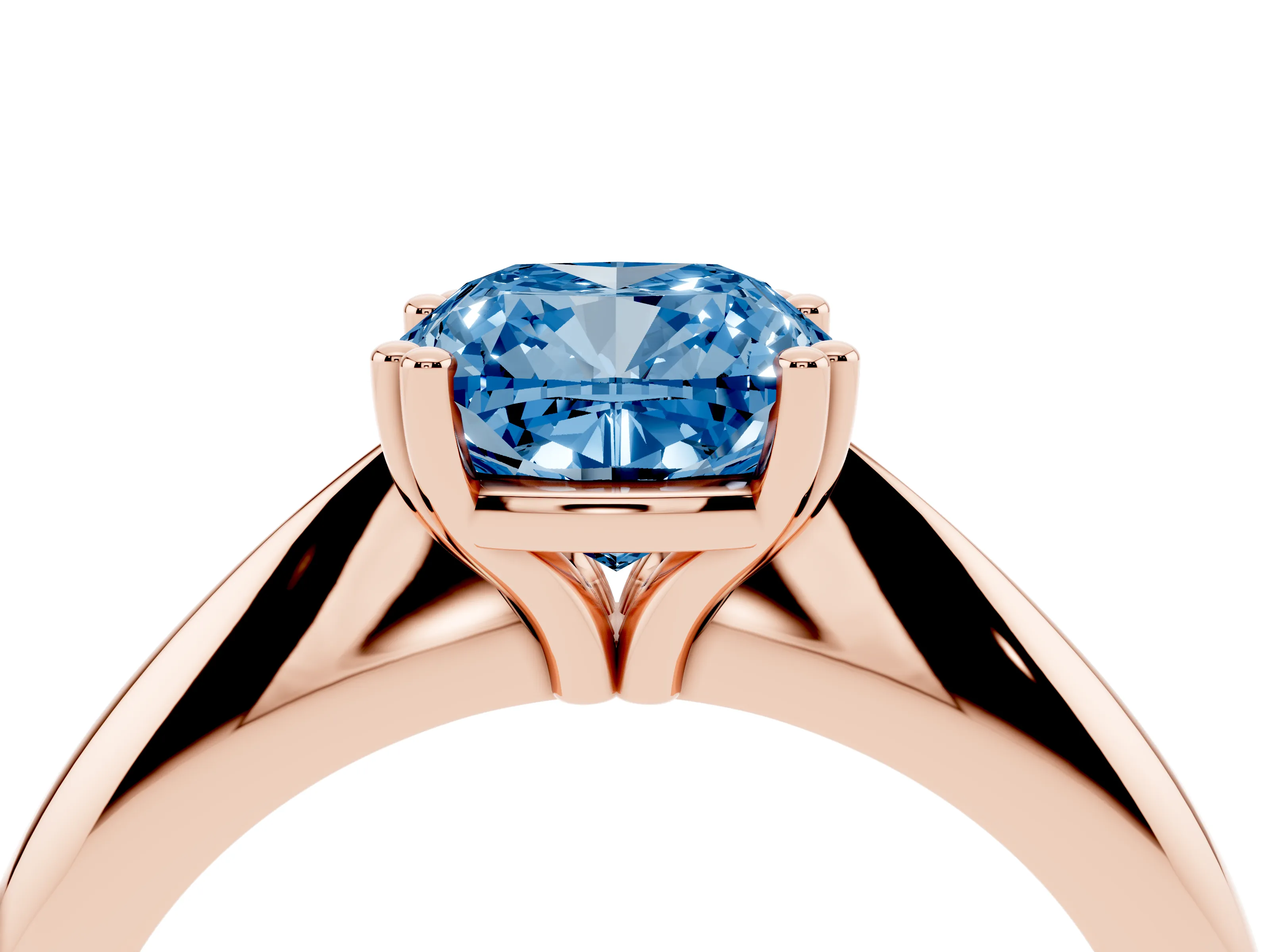 Fancy Blue Cushion Cut Diamond Solitaire Engagement Ring Set in Rose gold with Tapered Band and Prong Setting