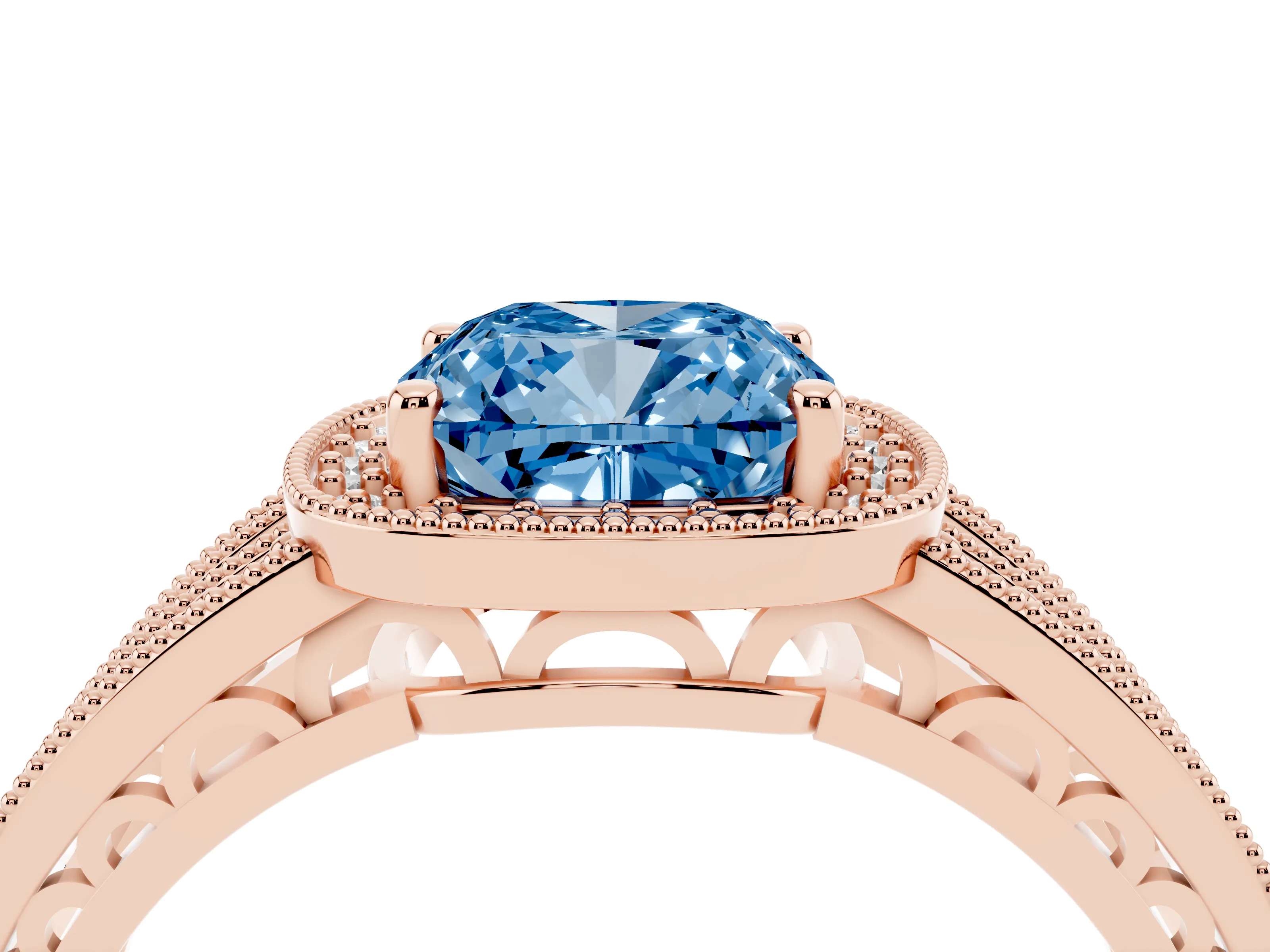 Fancy Blue Cushion Cut Diamond Halo Ring Set in Rose gold with Accent Split Shank and Prong Setting