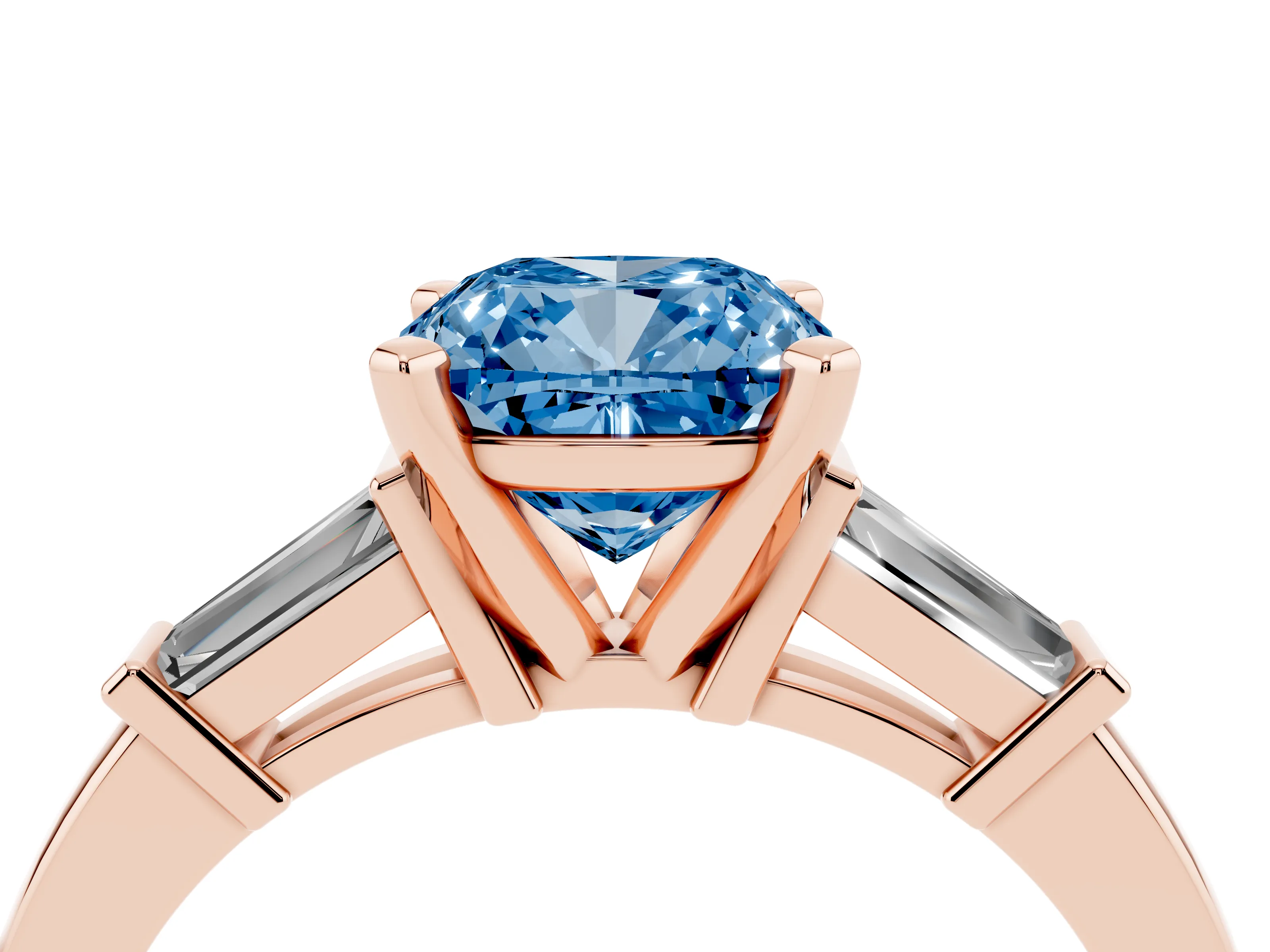 Fancy Blue Cushion Cut Diamond Solitaire Ring Set in Rose gold with Tapered Baguette Accents and Prong Setting