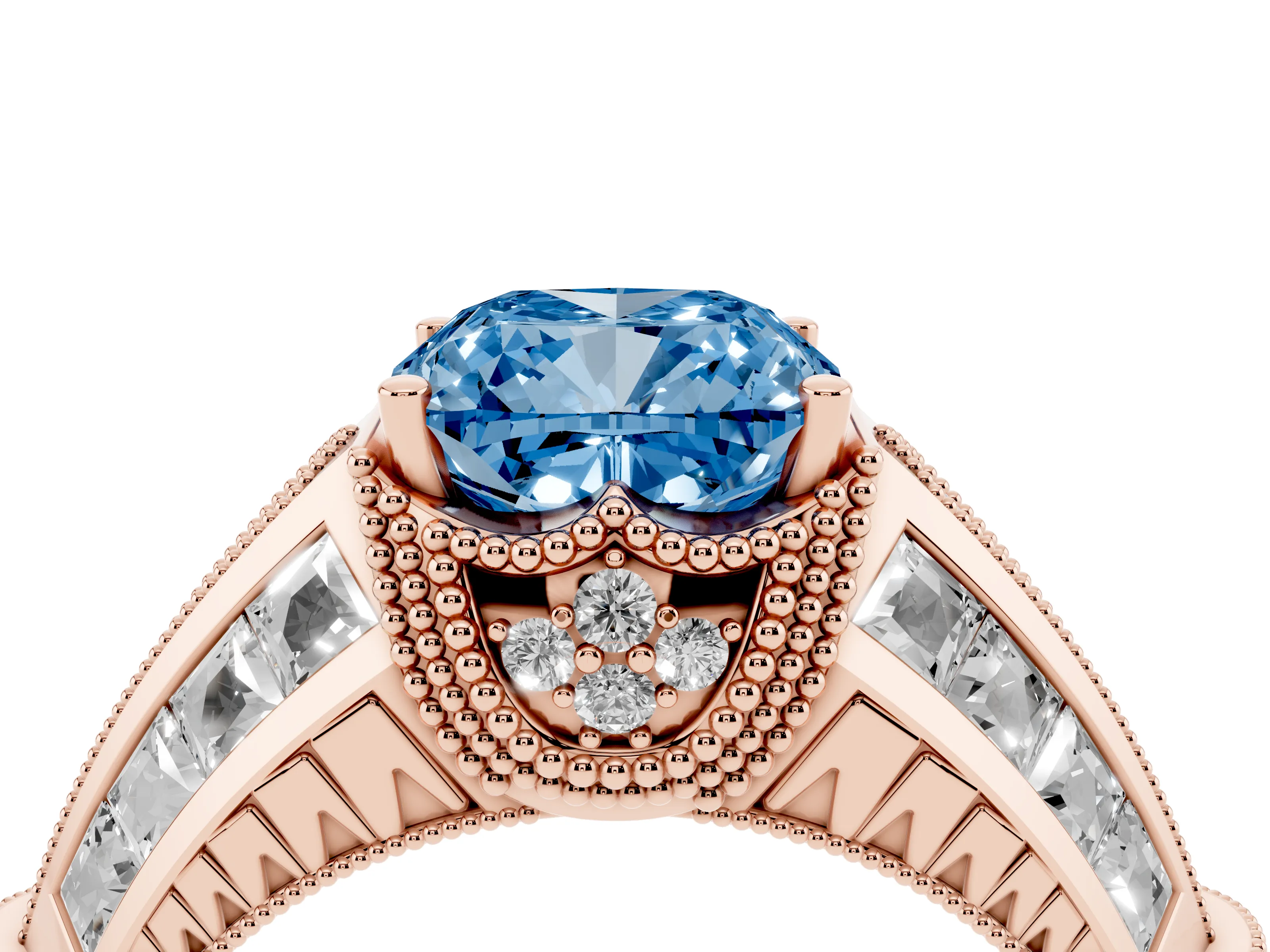 Fancy Blue Cushion Cut Diamond Vintage-Inspired Milgrain Ring Set in Rose gold with Accent Split Shank