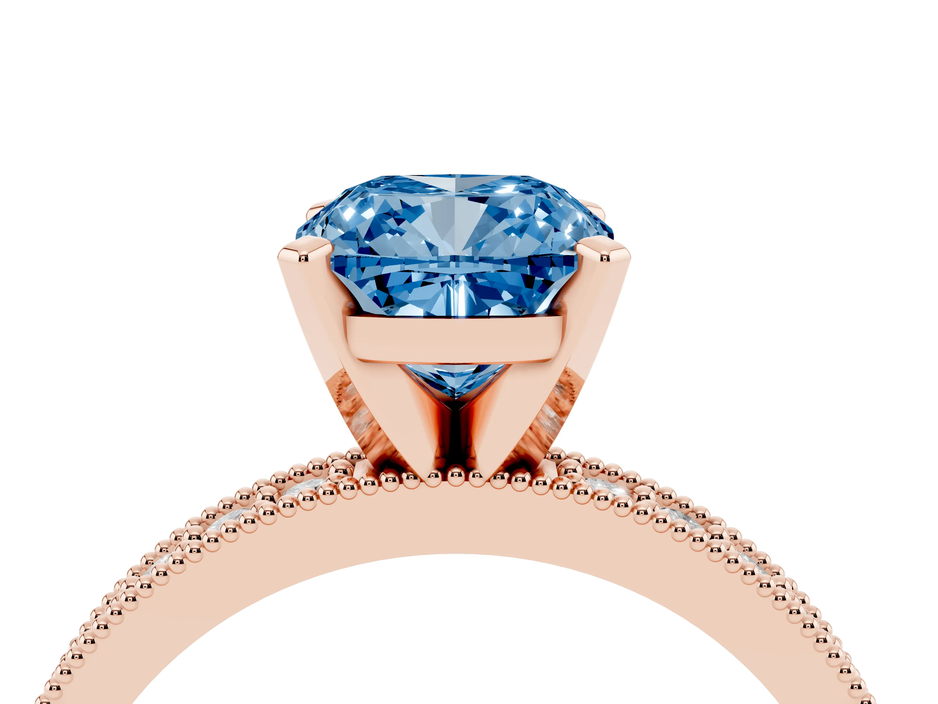 Fancy Blue Cushion Cut Diamond Milgrain Pavé Engagement Ring Set in Rose gold with Prong Setting