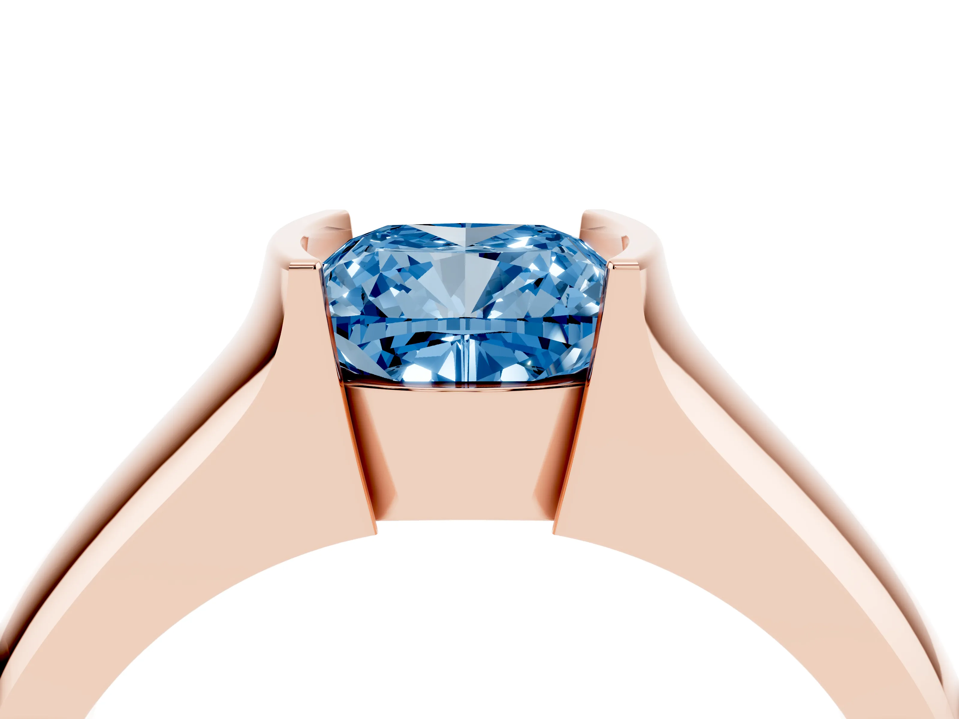 Fancy Blue Cushion Cut Diamond Bezel Solitaire Ring Set in Rose gold with Wide Band