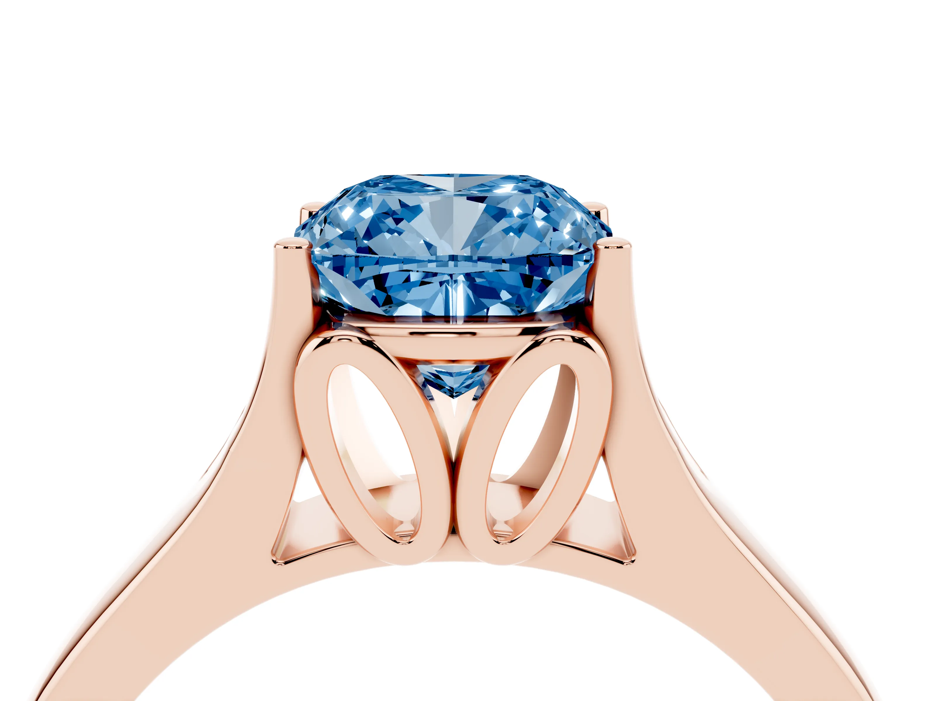 Fancy Blue Cushion Cut Diamond Solitaire Ring Set in Rose gold with Arched Cathedral Band and Prong Setting