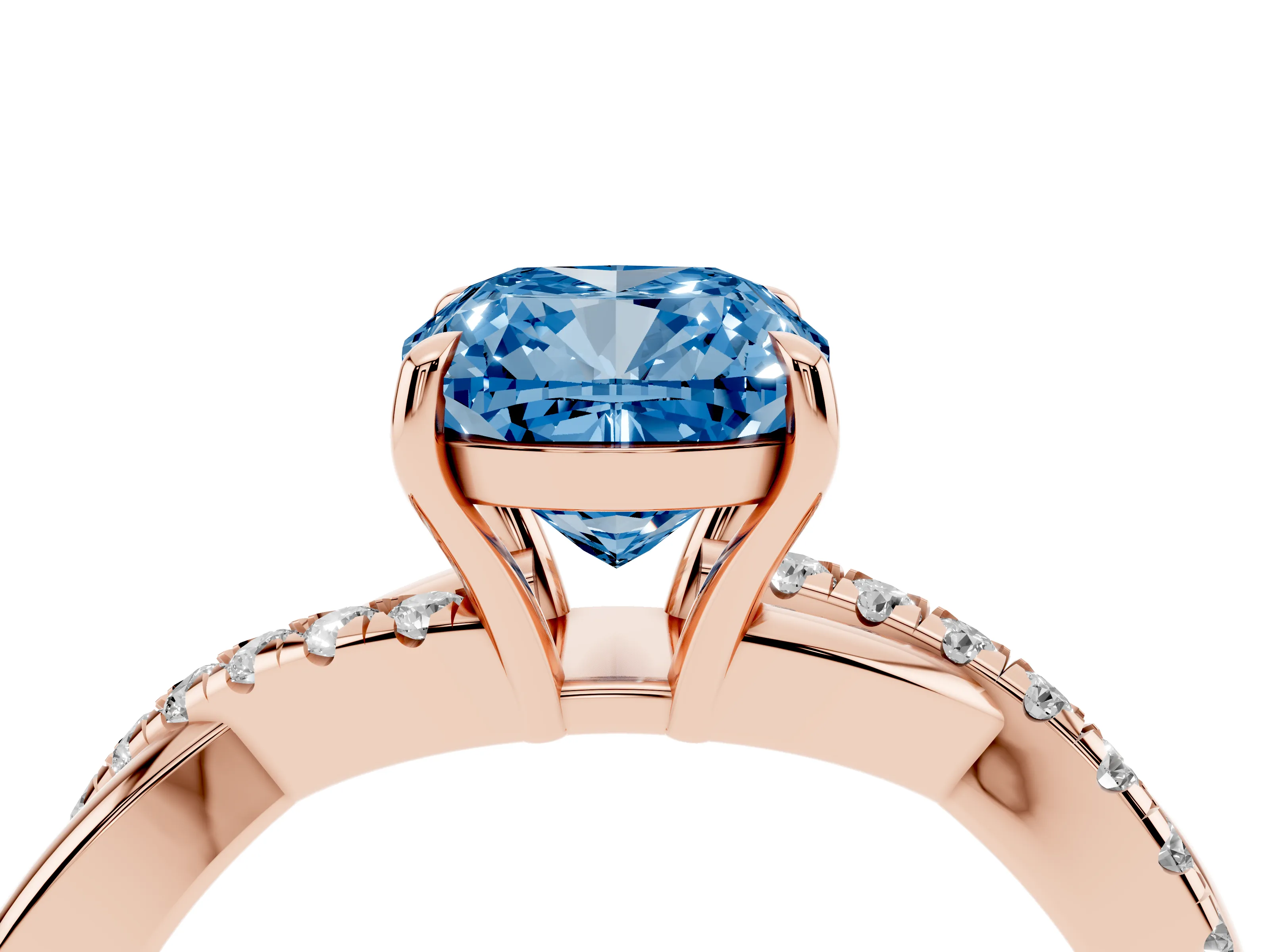 Fancy Blue Cushion Cut Diamond Twisted Pavé Band Ring Set in Rose gold with Prong Setting