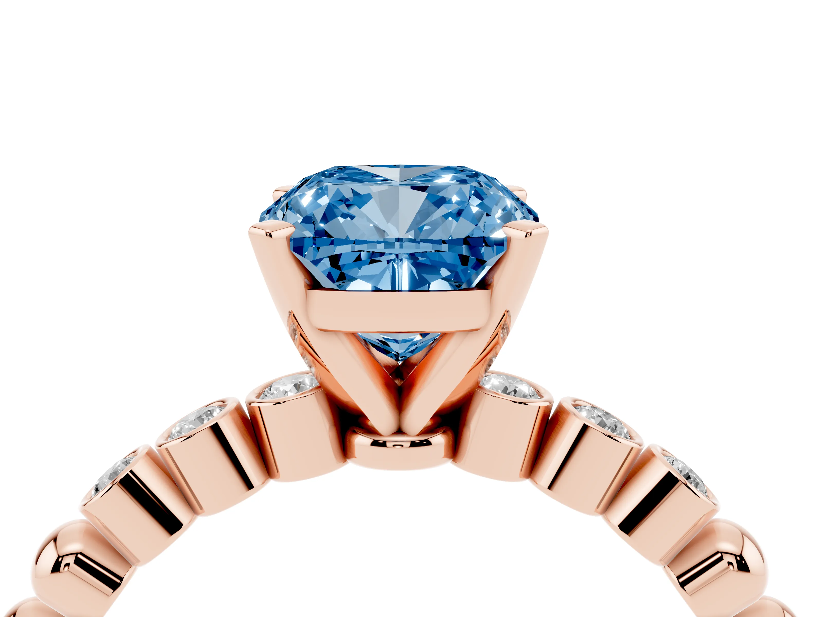 Fancy Blue Cushion Cut Diamond Solitaire Engagement Ring Set in Rose gold with Bezel Accents on Beaded Band