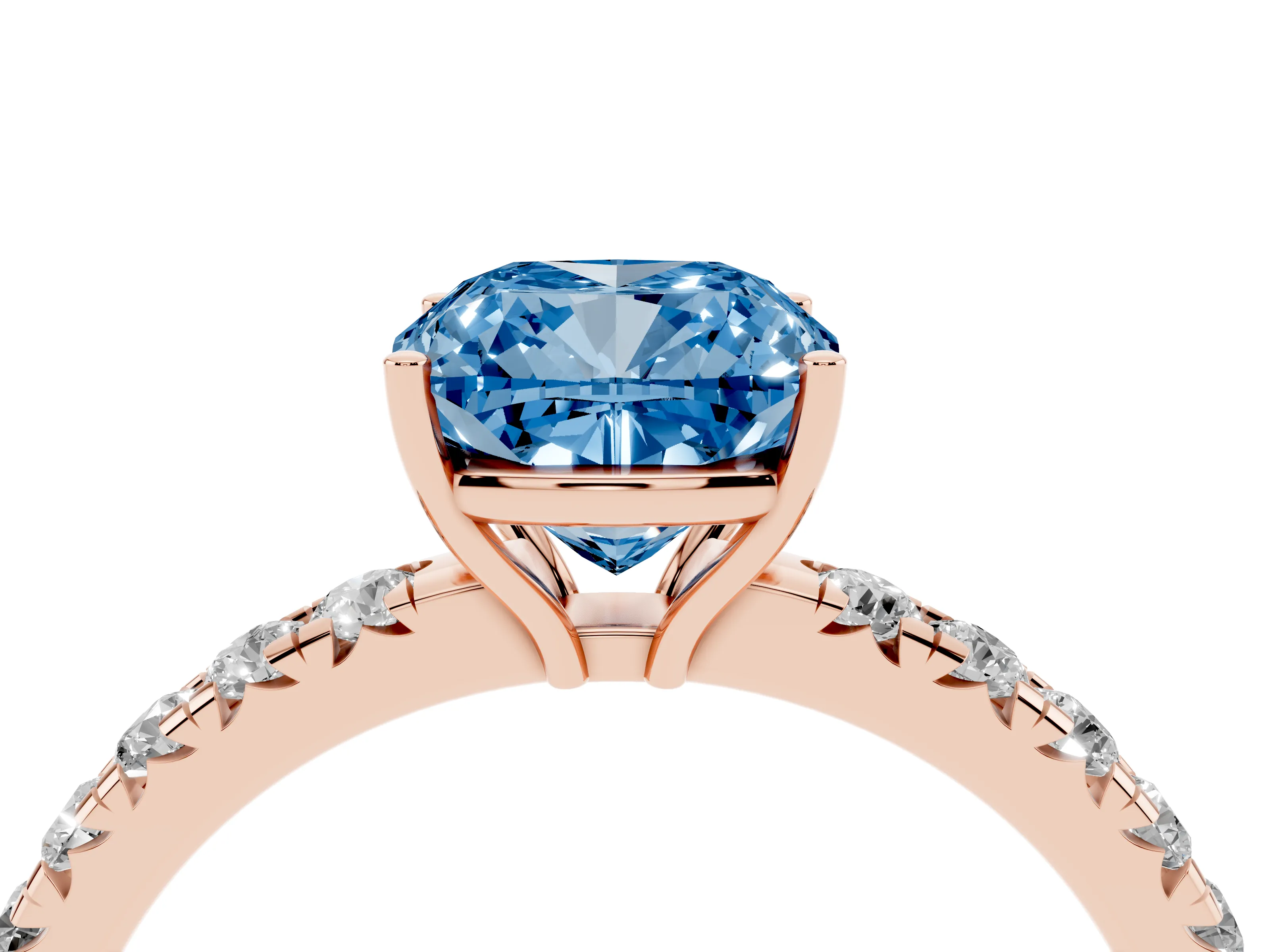 Fancy Blue Cushion Cut Diamond Pavé Solitaire Engagement Ring Set in Rose gold with Prong Setting