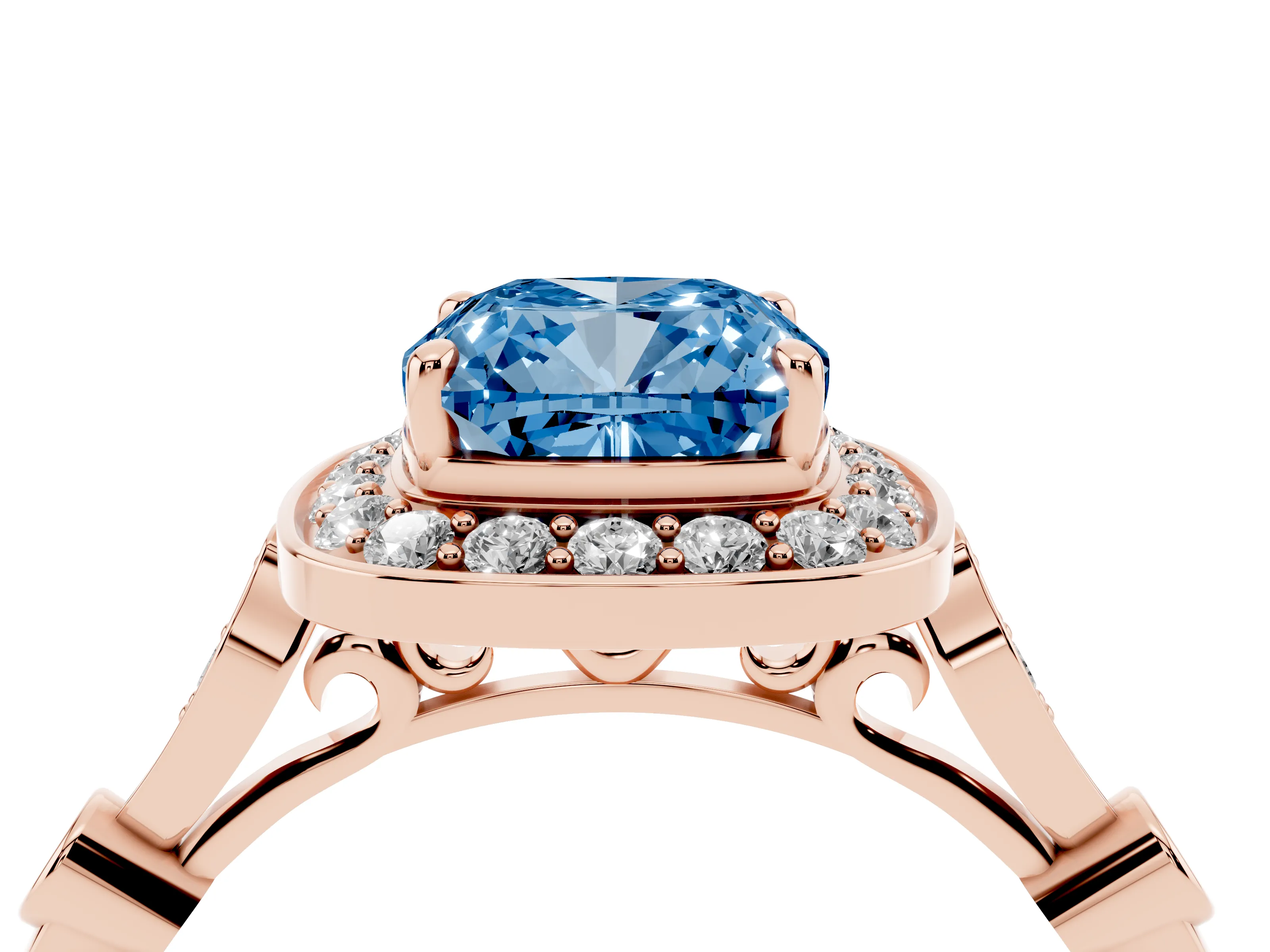 Fancy Blue Cushion Cut Diamond Halo Engagement Ring Set in Rose gold with Twisted Band and Prong Setting