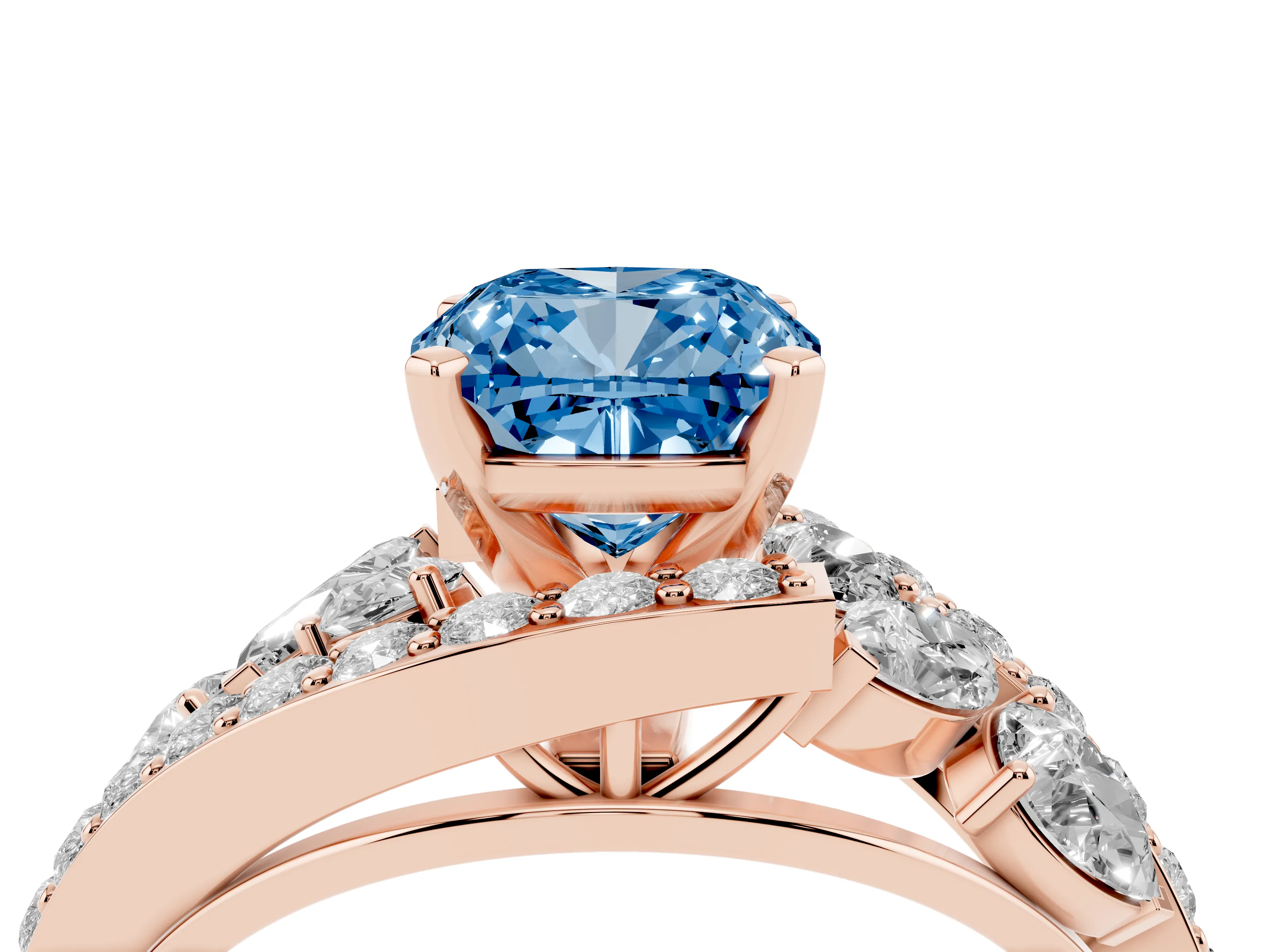 Fancy Blue Cushion Cut Diamond Halo Ring Set in Rose gold with Marquise and Pavé Band in Prong Setting