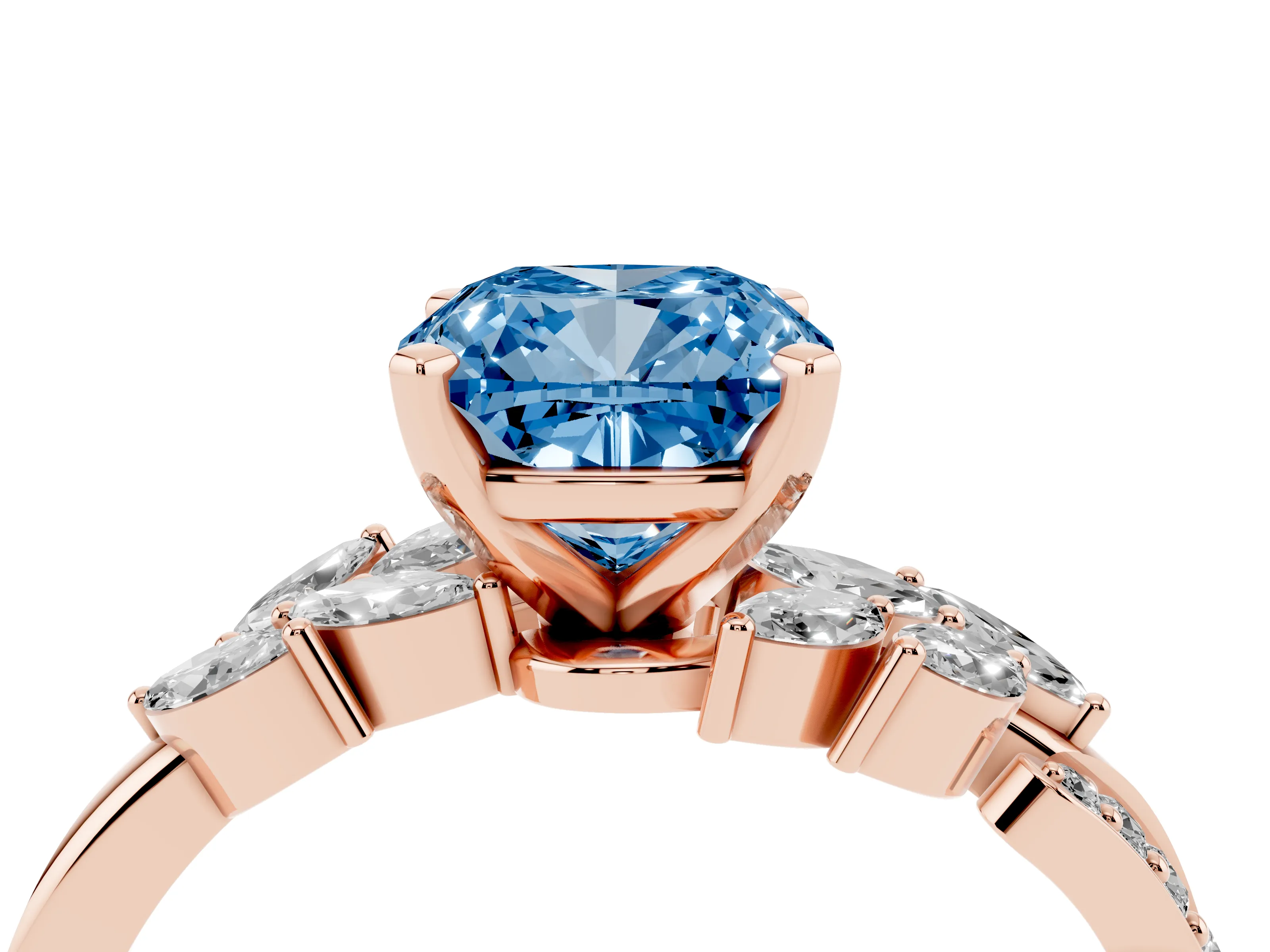 Fancy Blue Cushion Cut Diamond Solitaire Ring Set in Rose gold with Marquise Twist Band and Prong Setting