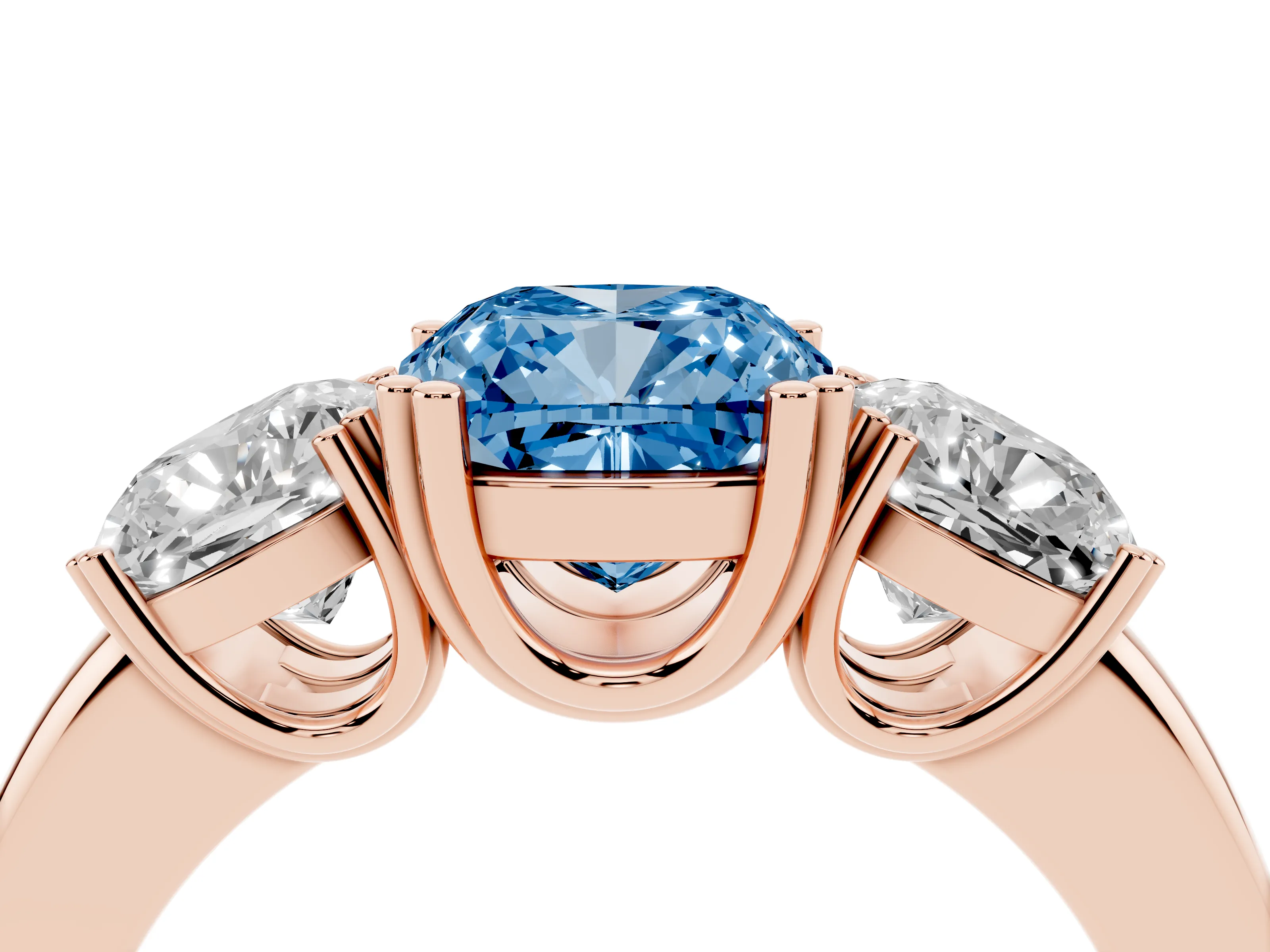 Fancy Blue Cushion Cut Diamond Three-Stone Ring Set in Rose gold with Polished Band and Prong Setting