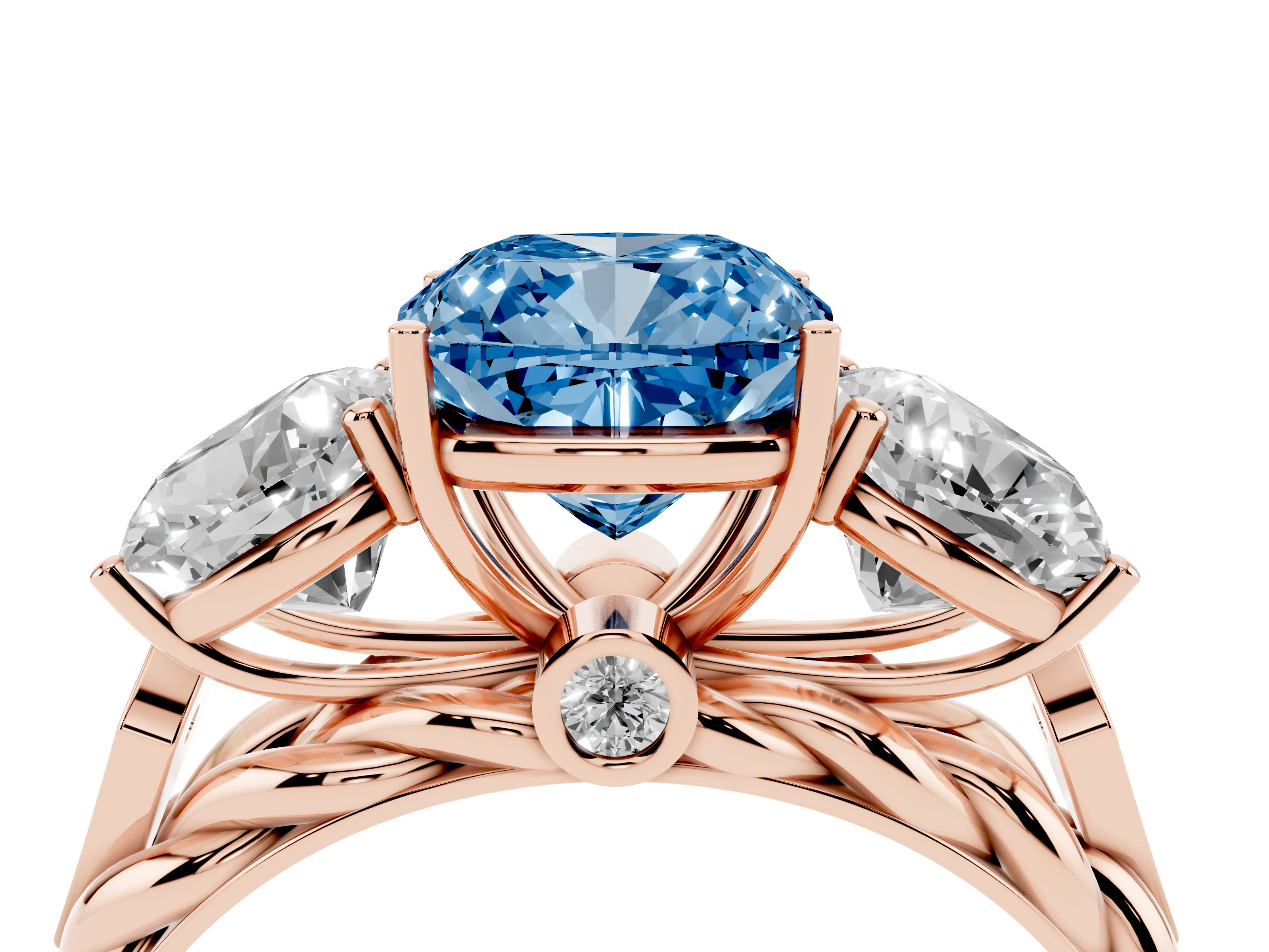 Fancy Blue Cushion Cut Diamond Three-Stone Ring Set in Rose gold with Braided Band
