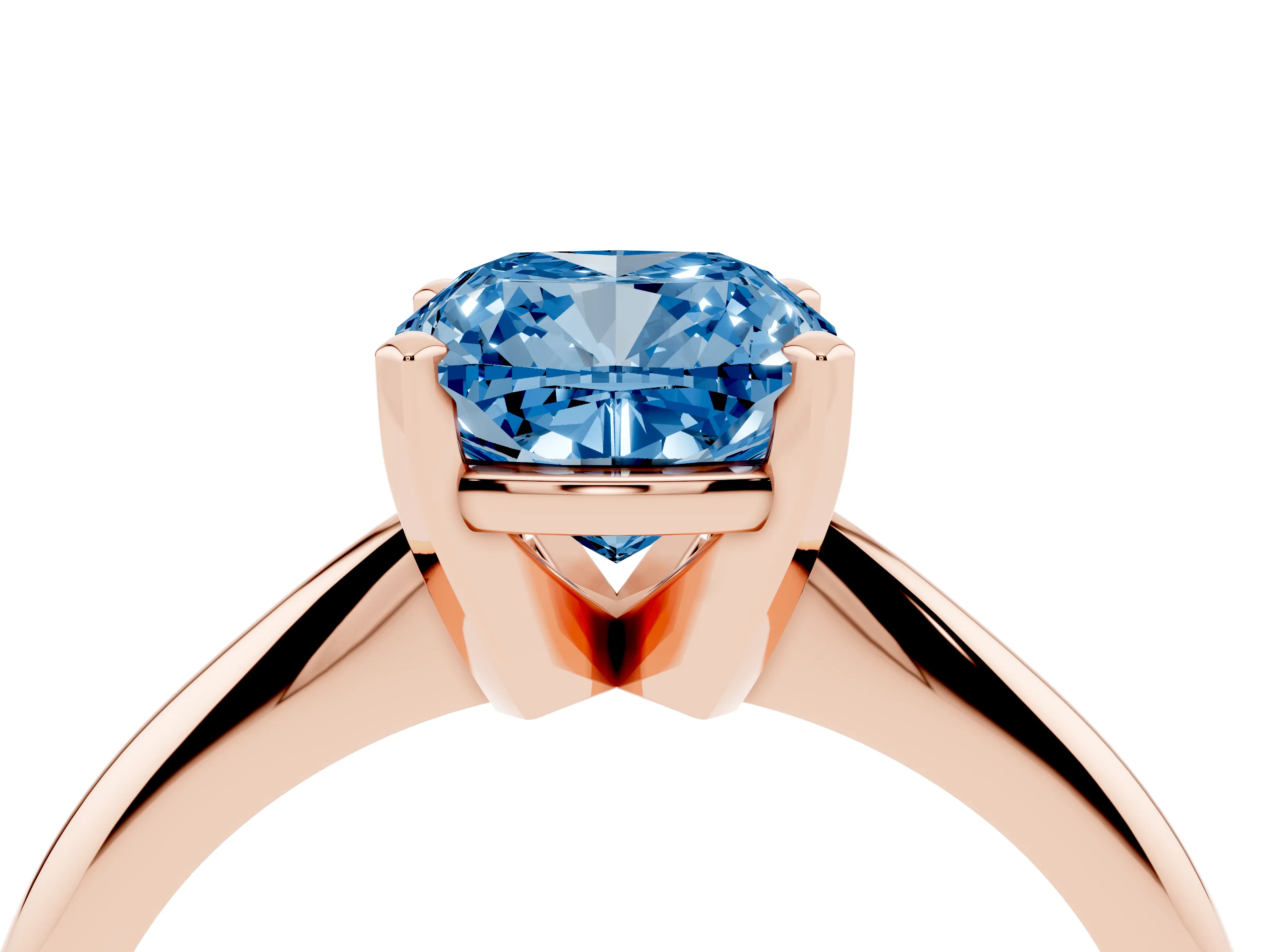 Fancy Blue Cushion Cut Diamond Solitaire Ring Set in Rose gold with Prong Setting on a Plain Round Band