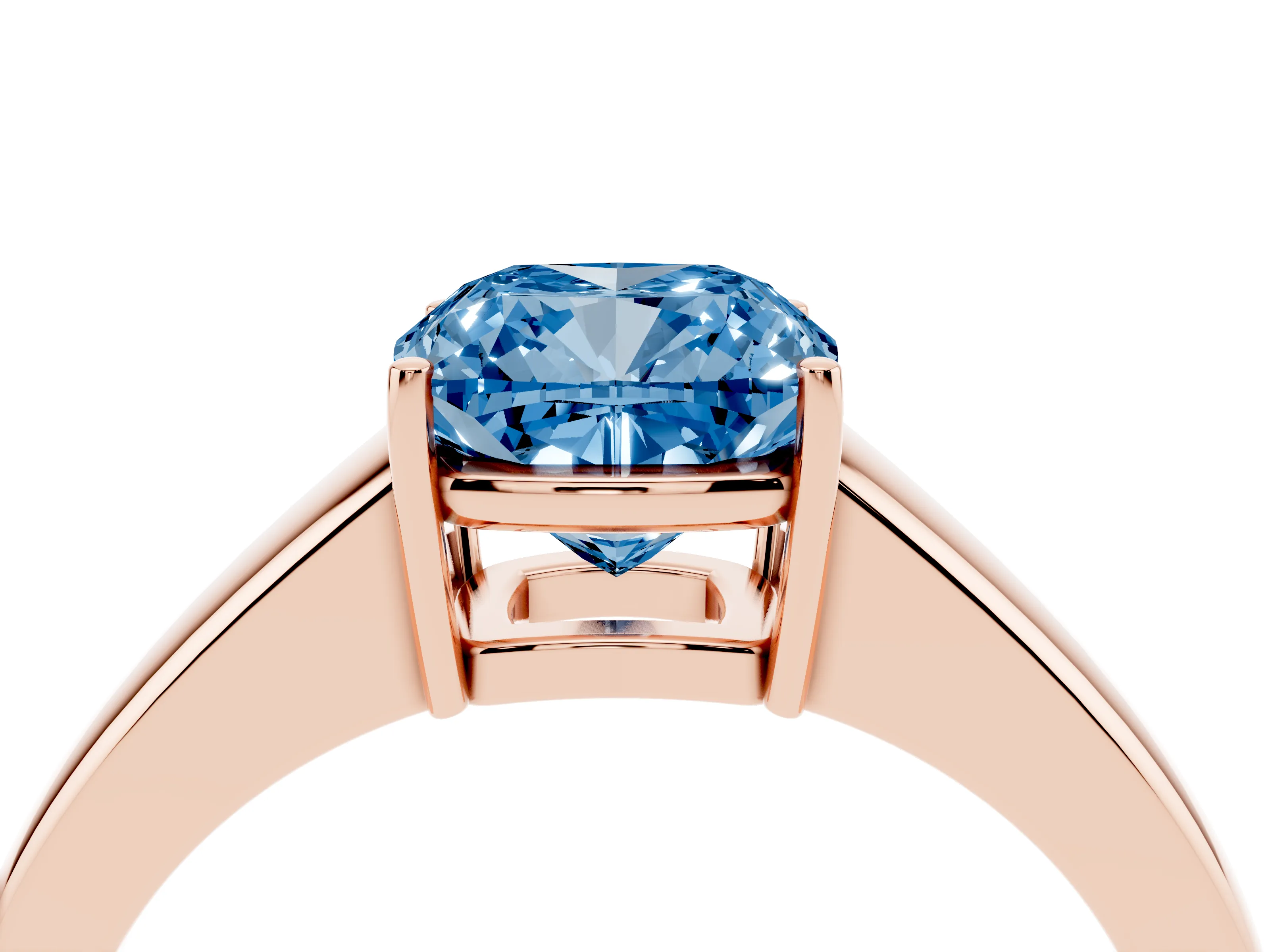 Fancy Blue Cushion Cut Diamond Solitaire Ring Set in Rose gold with Tapered Band and Prong Setting