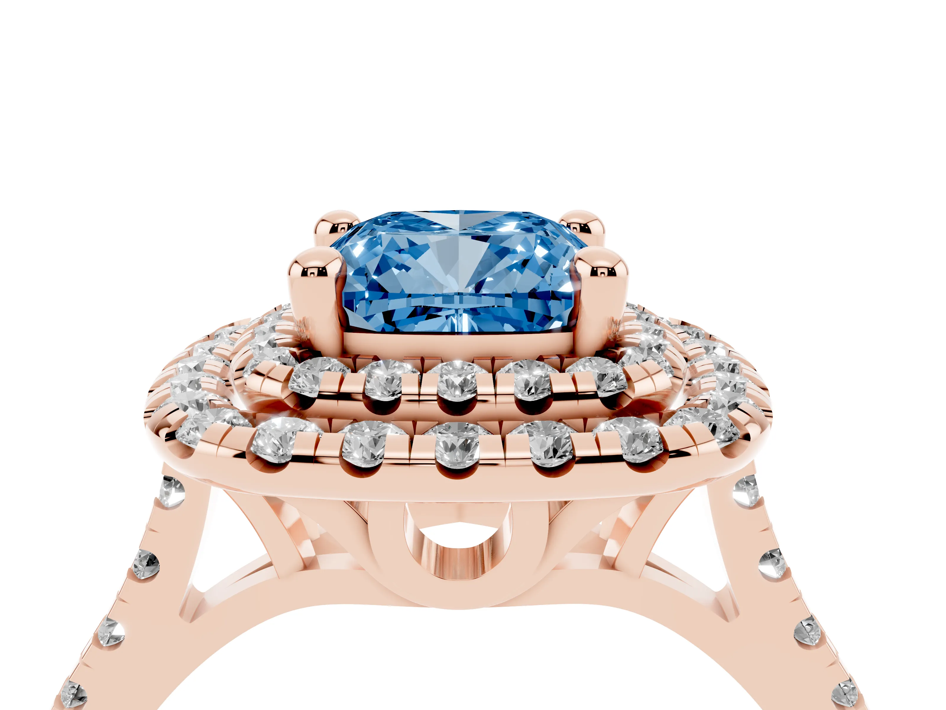 Fancy Blue Cushion Cut Diamond Double Halo Statement Ring Set in Rose gold with Pavé Band