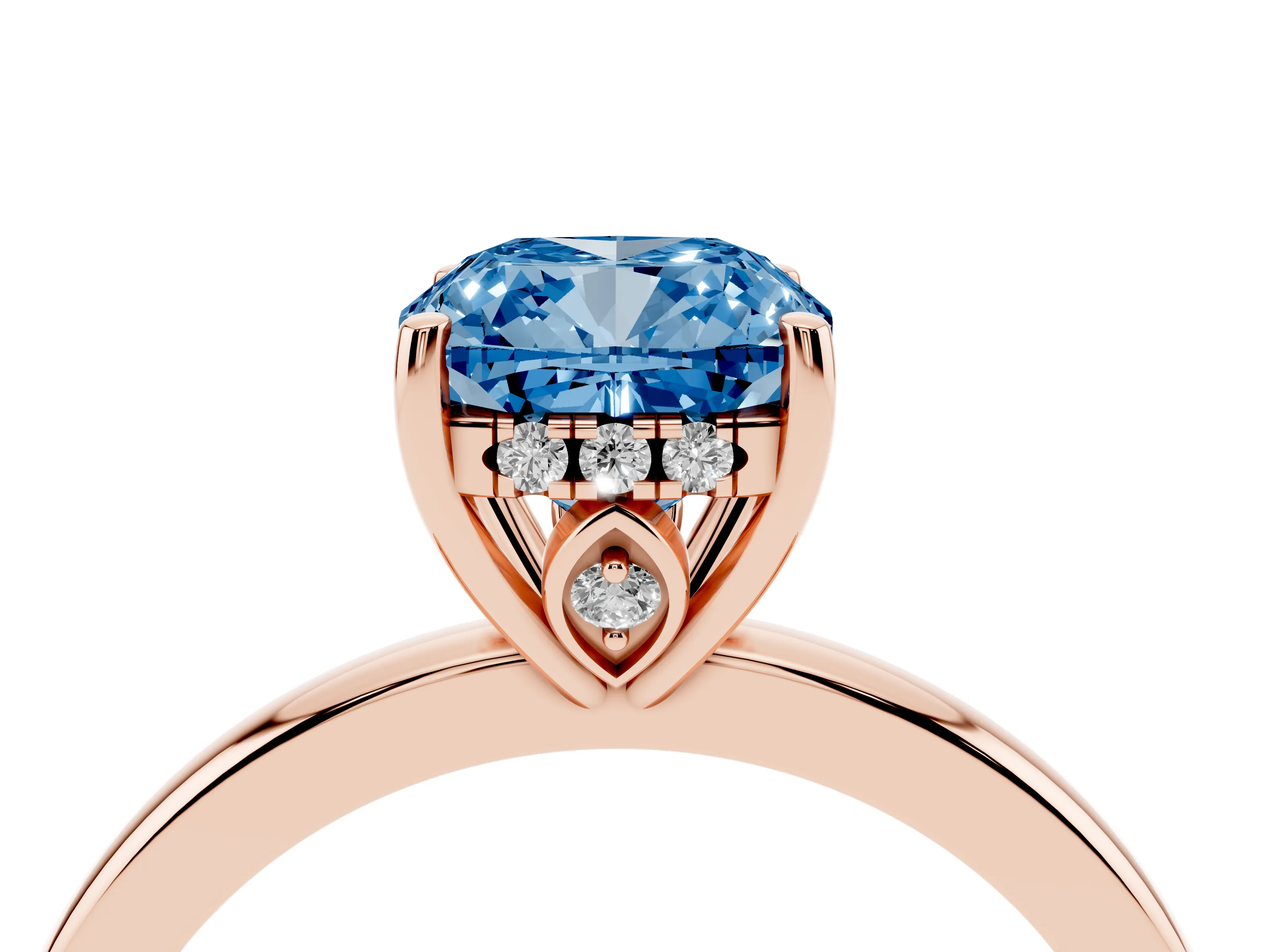 Fancy Blue Cushion Cut Diamond Solitaire Ring Set in Rose gold with Plain Band and Prong Setting