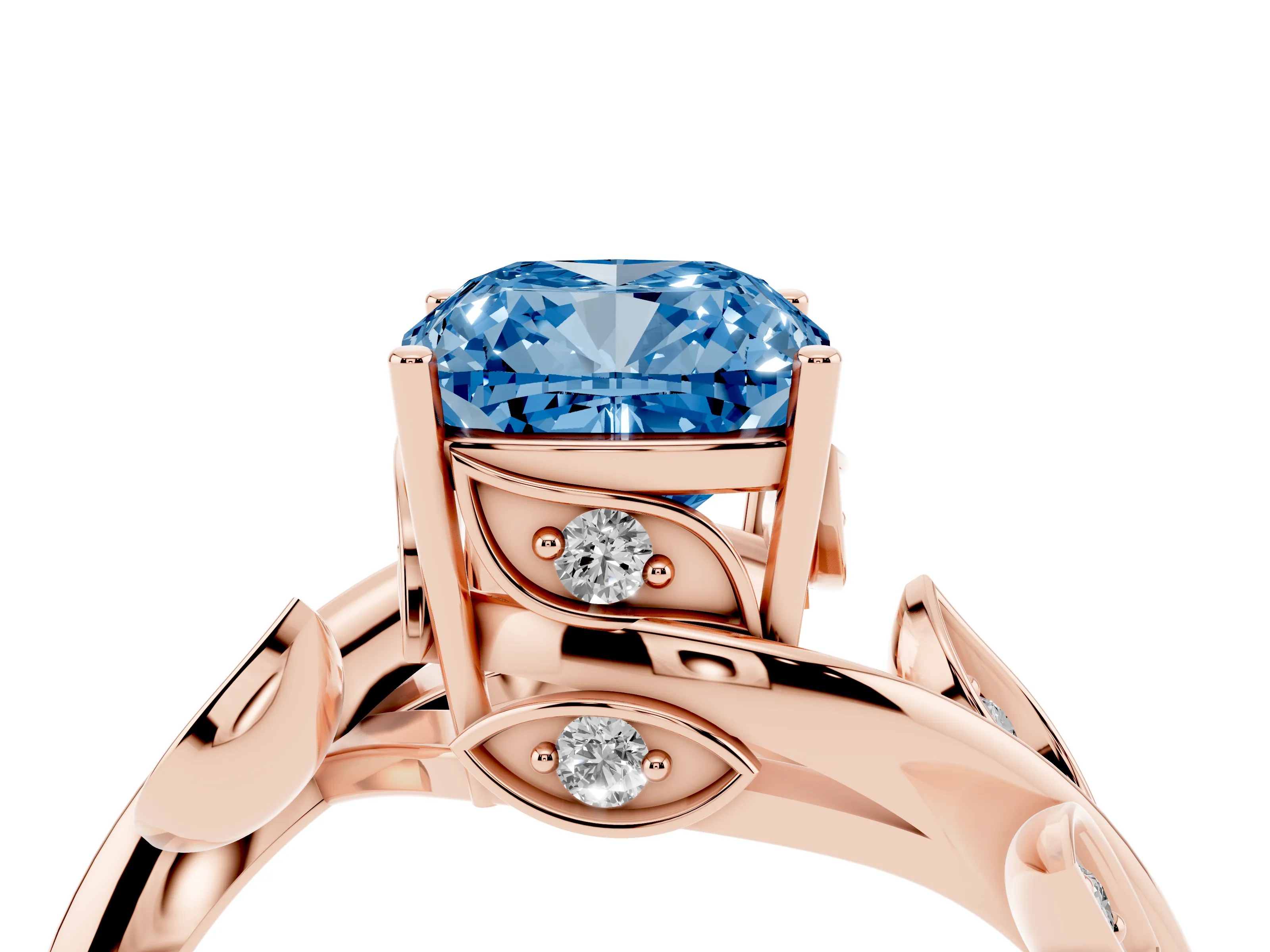 Fancy Blue Cushion Cut Diamond Solitaire Twist Engagement Ring Set in Rose gold with Pavé Leaf Accents