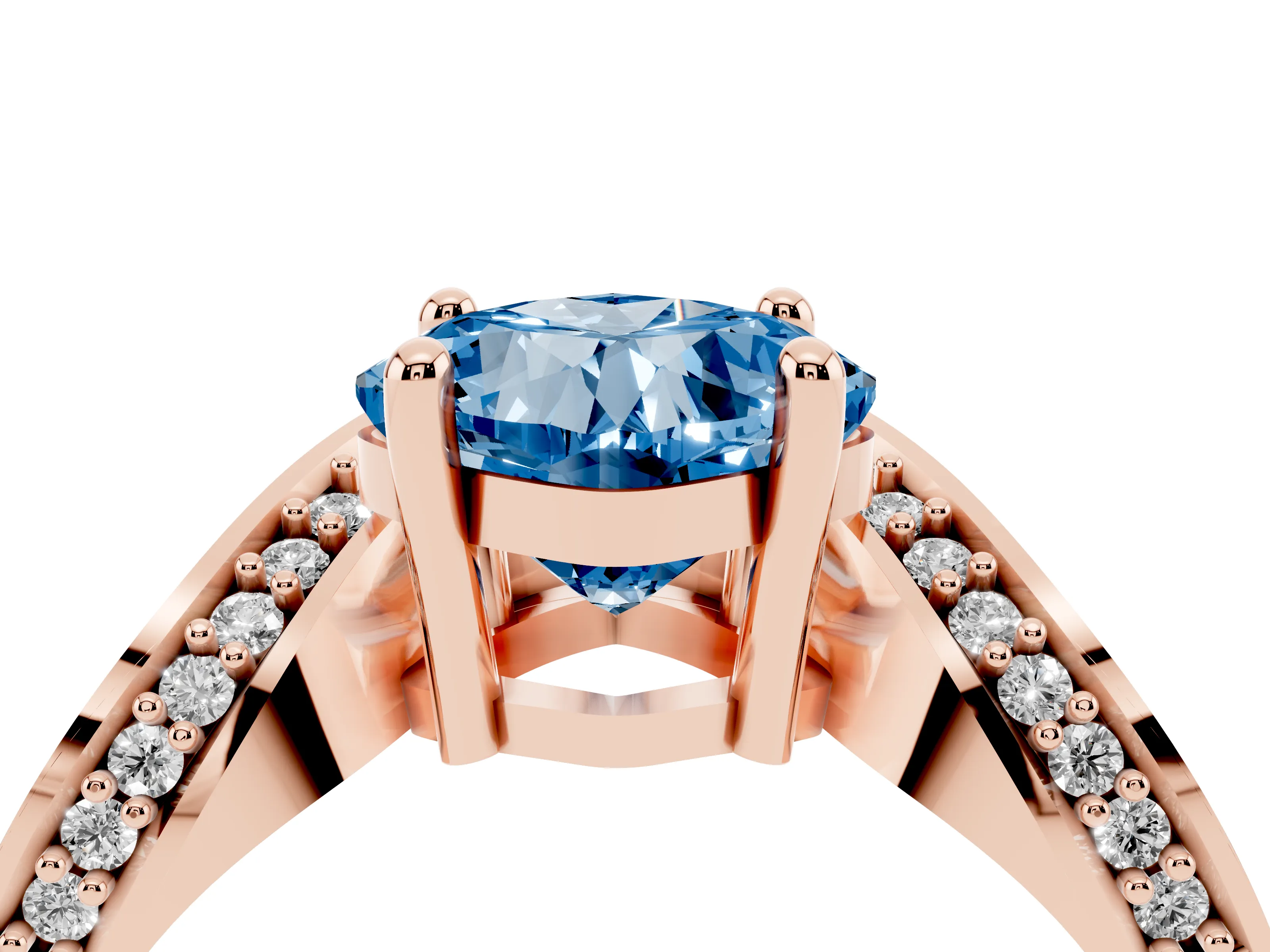 Fancy Blue Cushion Cut Diamond Solitaire Engagement Ring Set in Rose gold with Pavé Shoulders
