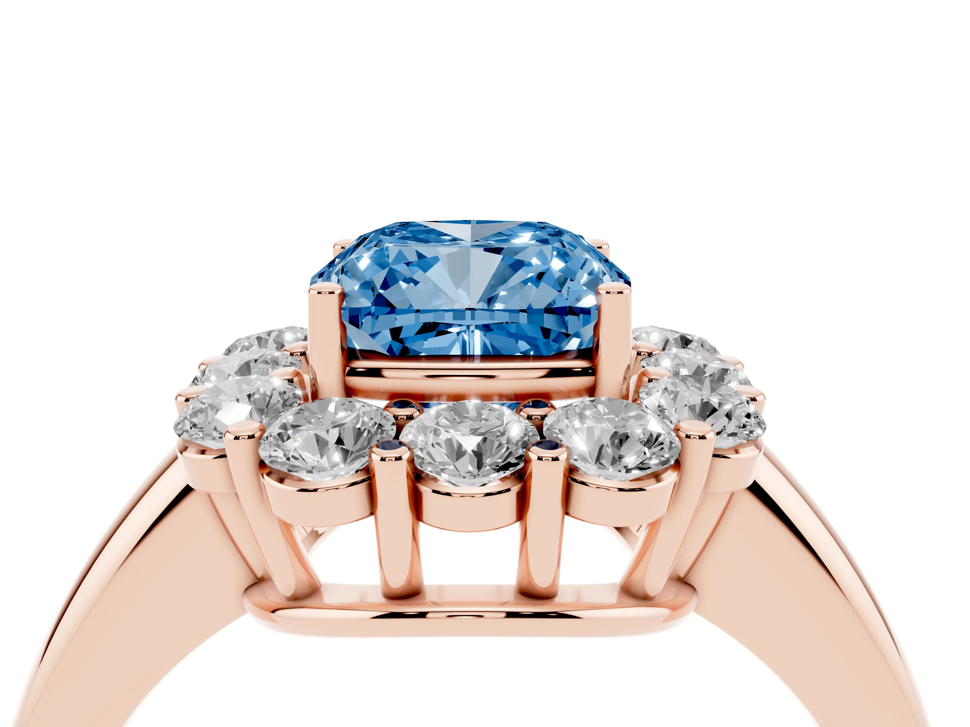 Fancy Blue Cushion Cut Diamond Halo Cluster Engagement Ring Set in Rose gold with Polished Band and Prong Setting