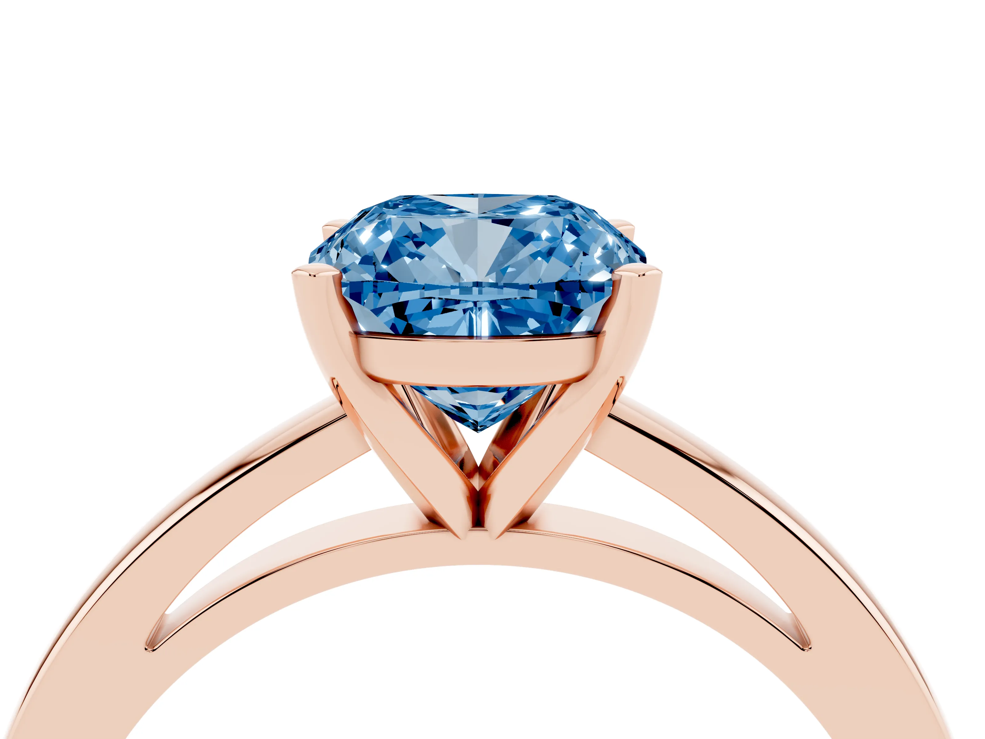 Fancy Blue Cushion Cut Diamond Solitaire Engagement Ring Set in Rose gold with Prong Setting on a Classic Band