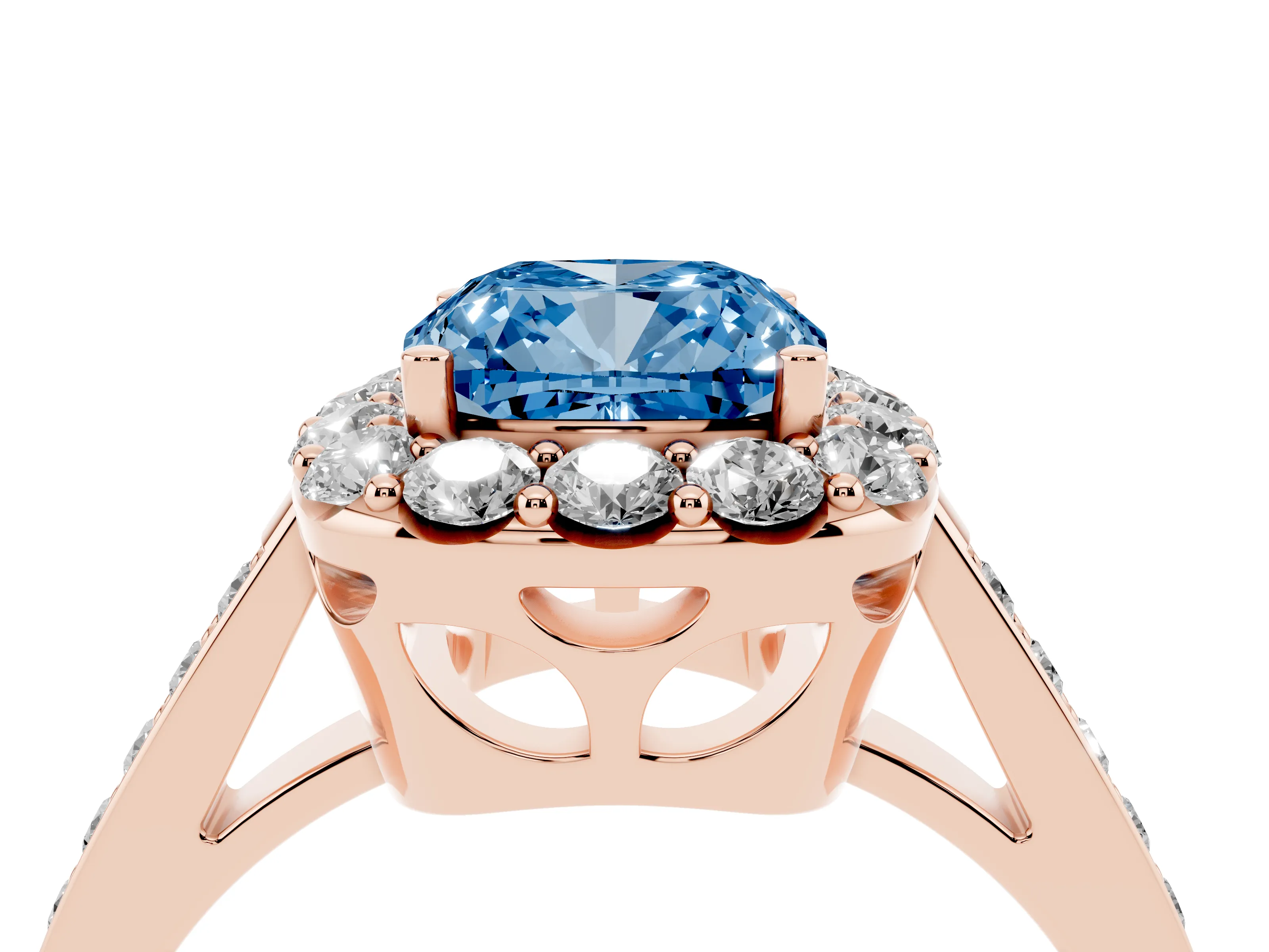 Fancy Blue Cushion Cut Diamond Floral Halo Ring Set in Rose gold with Pavé Band and Prong Setting