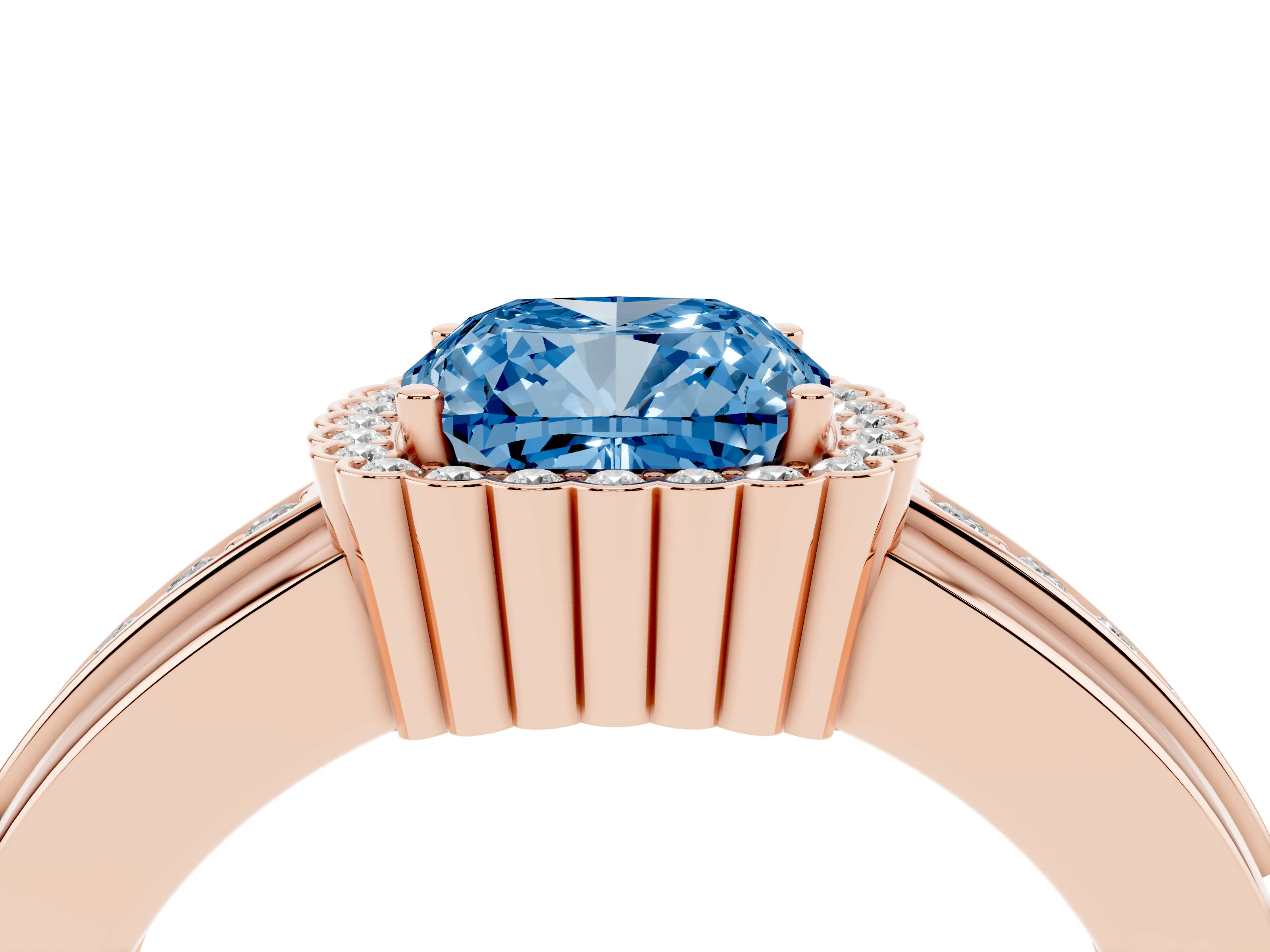 Fancy Blue Cushion Cut Diamond Halo Prong Ring Set in Rose gold with Pavé Band