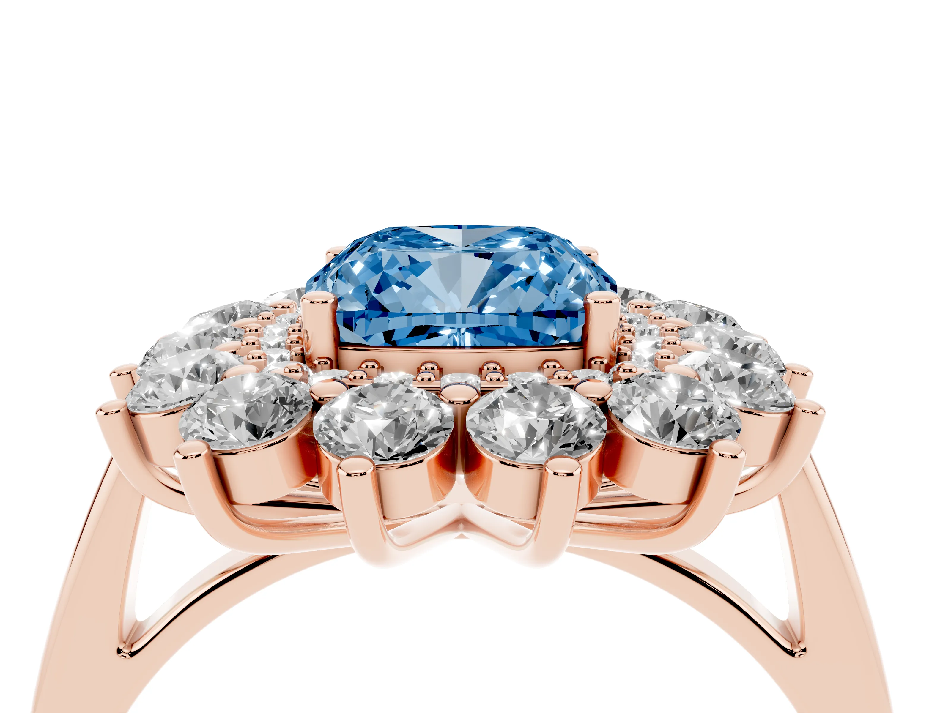 Fancy Blue Cushion Cut Diamond Floral Double Halo Ring Set in Rose gold with Round Petals