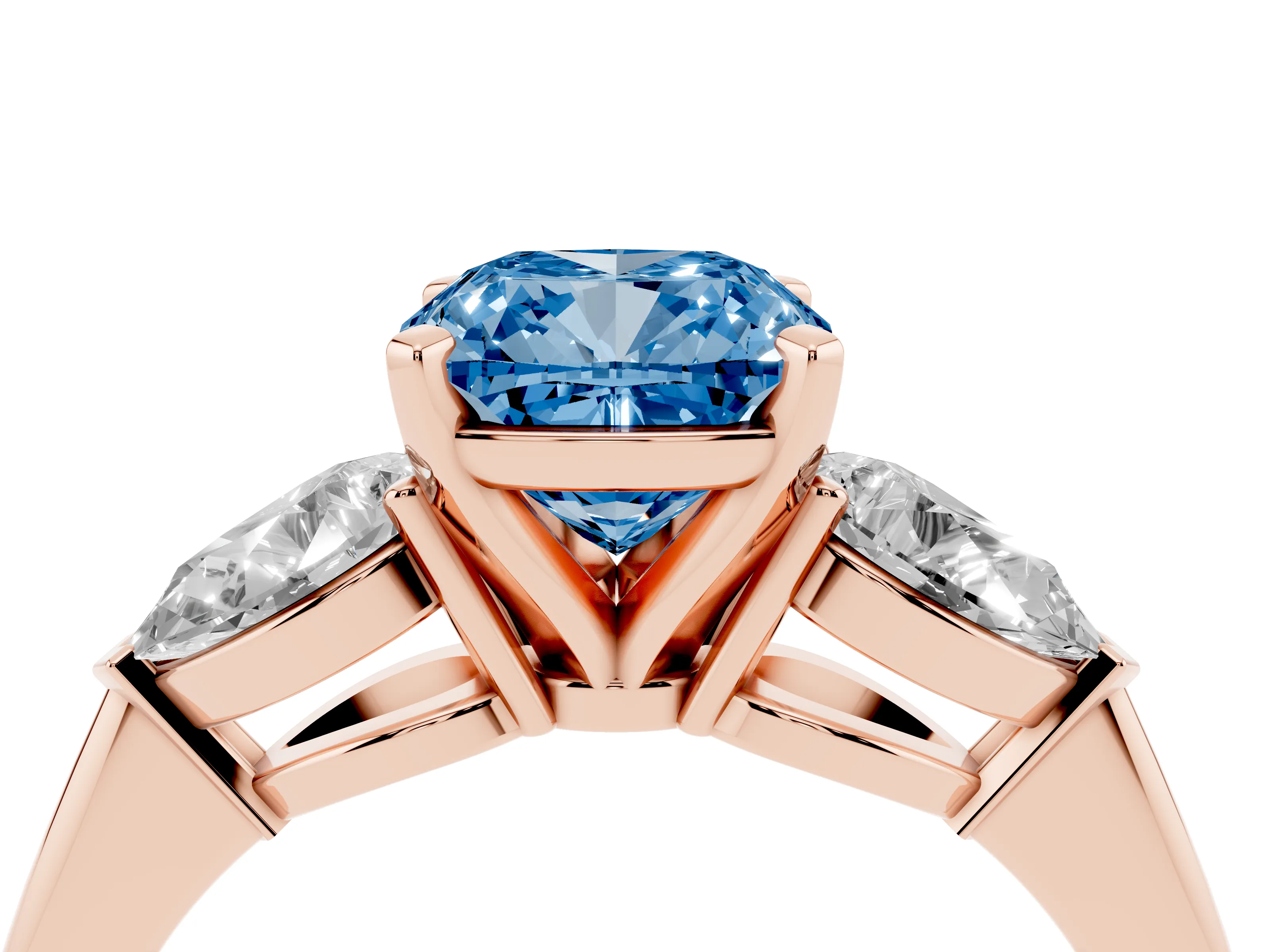 Fancy Blue Three-Stone Cushion Cut Diamond Ring Set in Rose gold with Pear Side Stones and Prong Setting