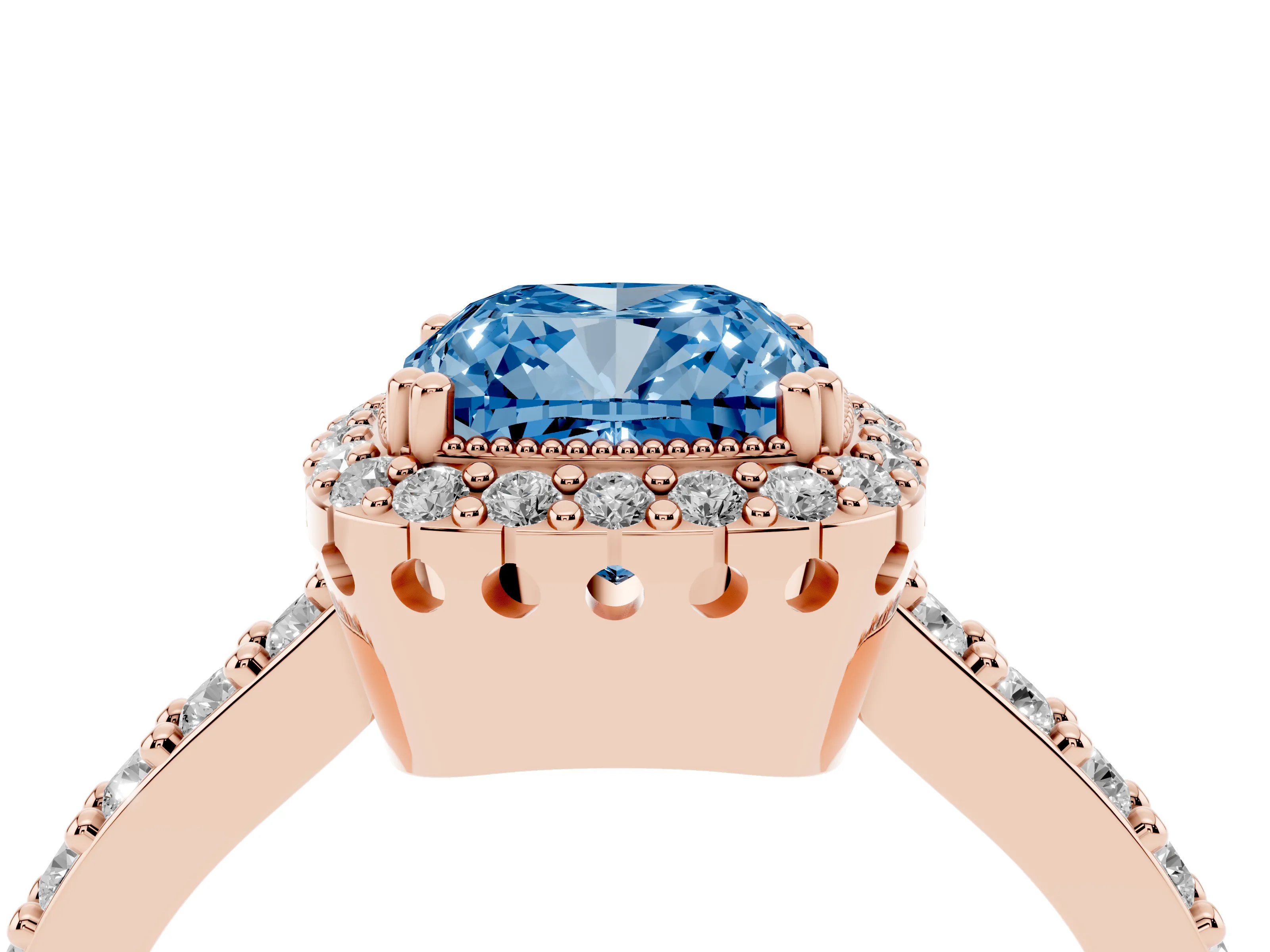Fancy Blue Cushion Cut Diamond Halo Engagement Ring Set in Rose gold with Milgrain Detail and Pavé Band