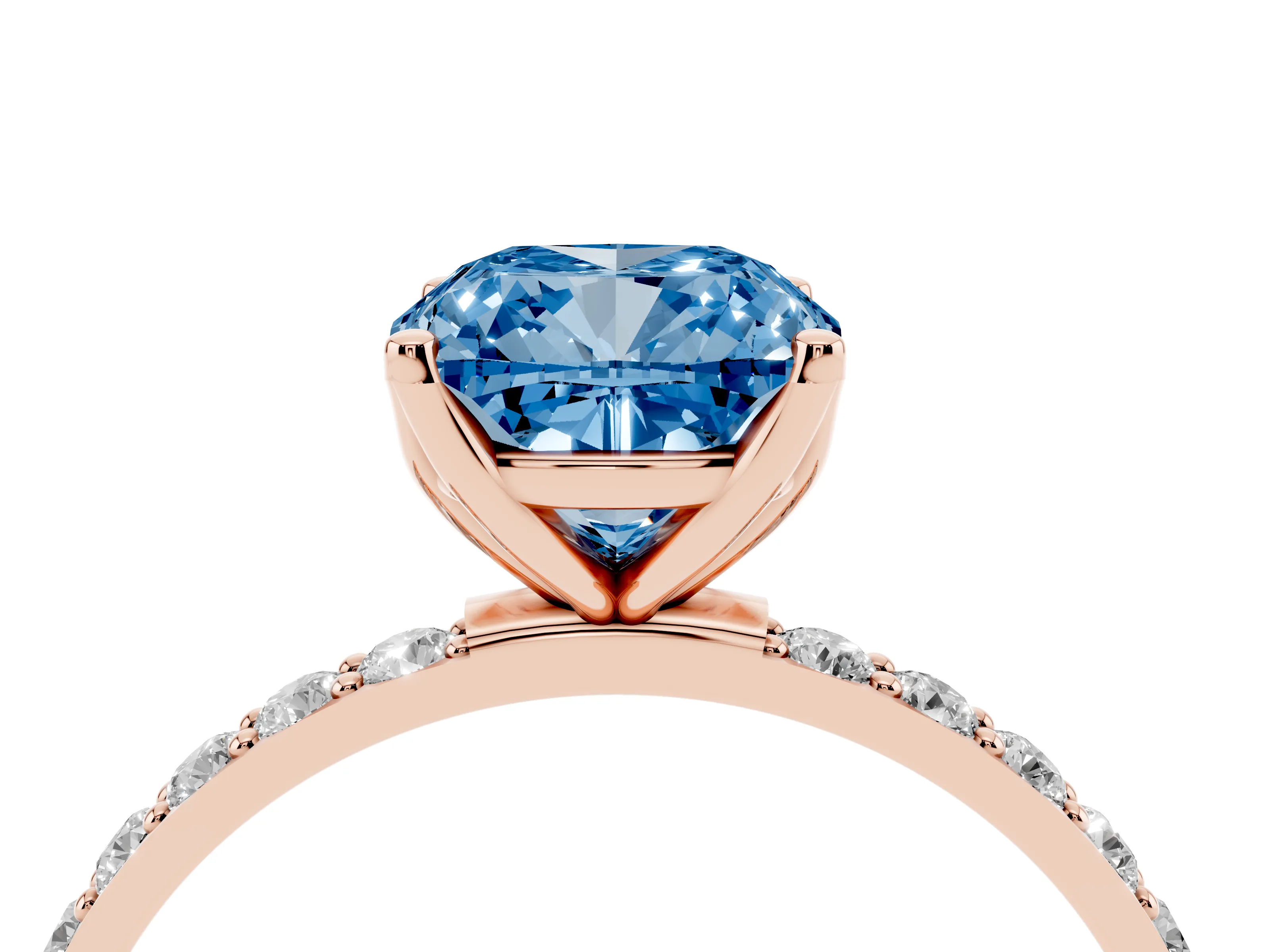 Fancy Blue Cushion Cut Diamond Solitaire Engagement Ring Set in Rose gold with Round Pavé Band and Prong Setting