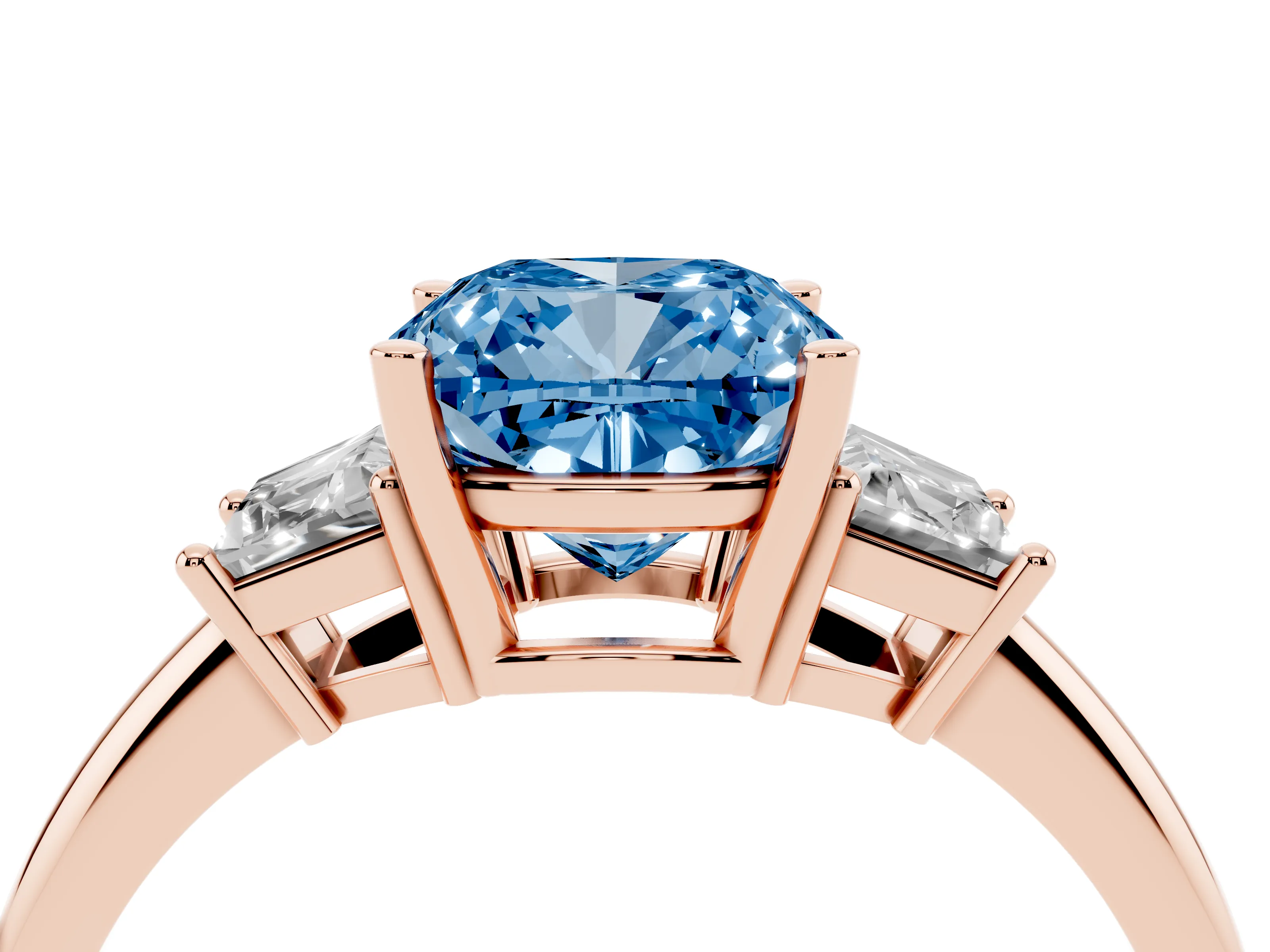 Fancy Blue Cushion Cut Diamond Three-Stone Ring Set in Rose gold with Trapezoid Side Stones and Prong Setting