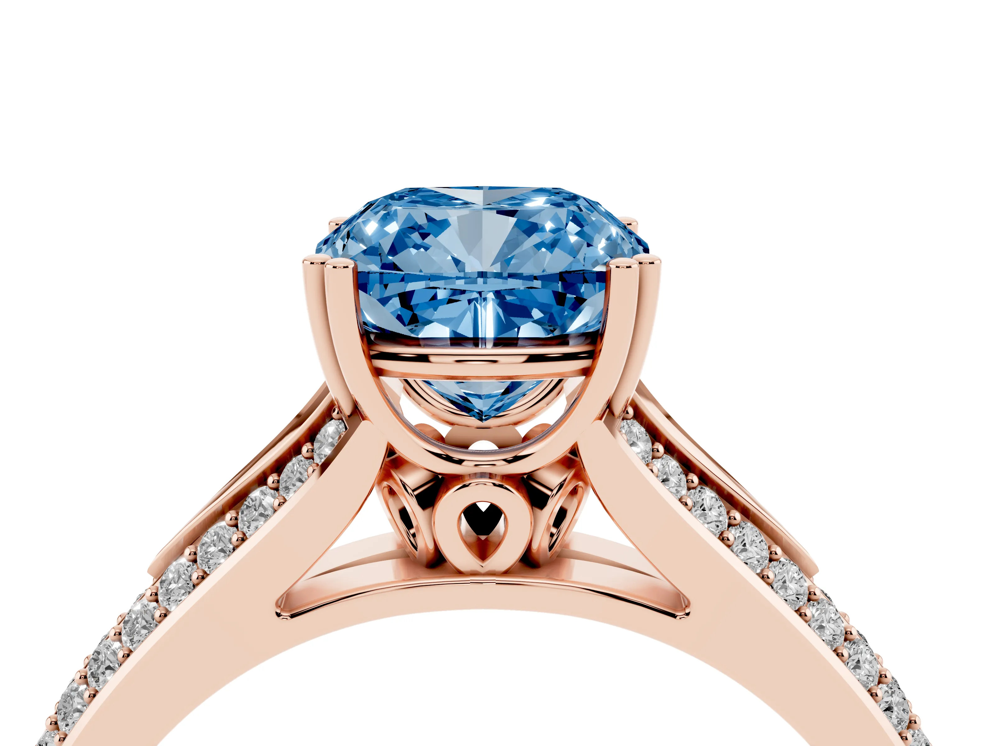 Fancy Blue Cushion Cut Diamond Split Shank Pavé Engagement Ring Set in Rose gold with Prong-Set Center Stone