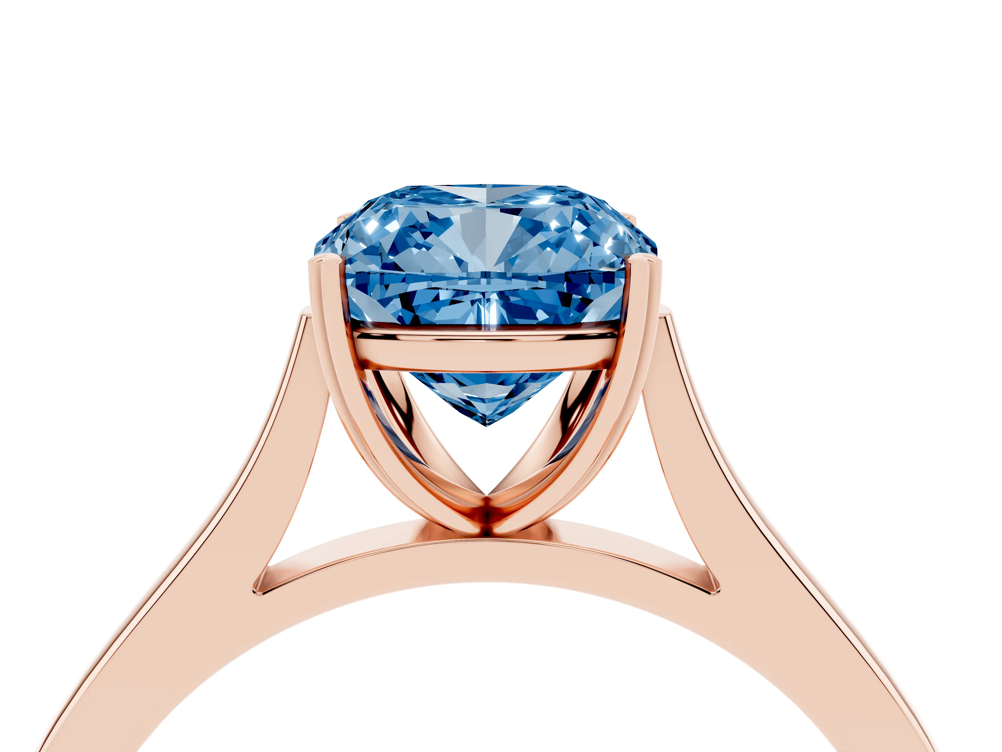 Fancy Blue Cushion Cut Diamond Solitaire Heart Prong Engagement Ring Set in Rose gold with Tapered Band