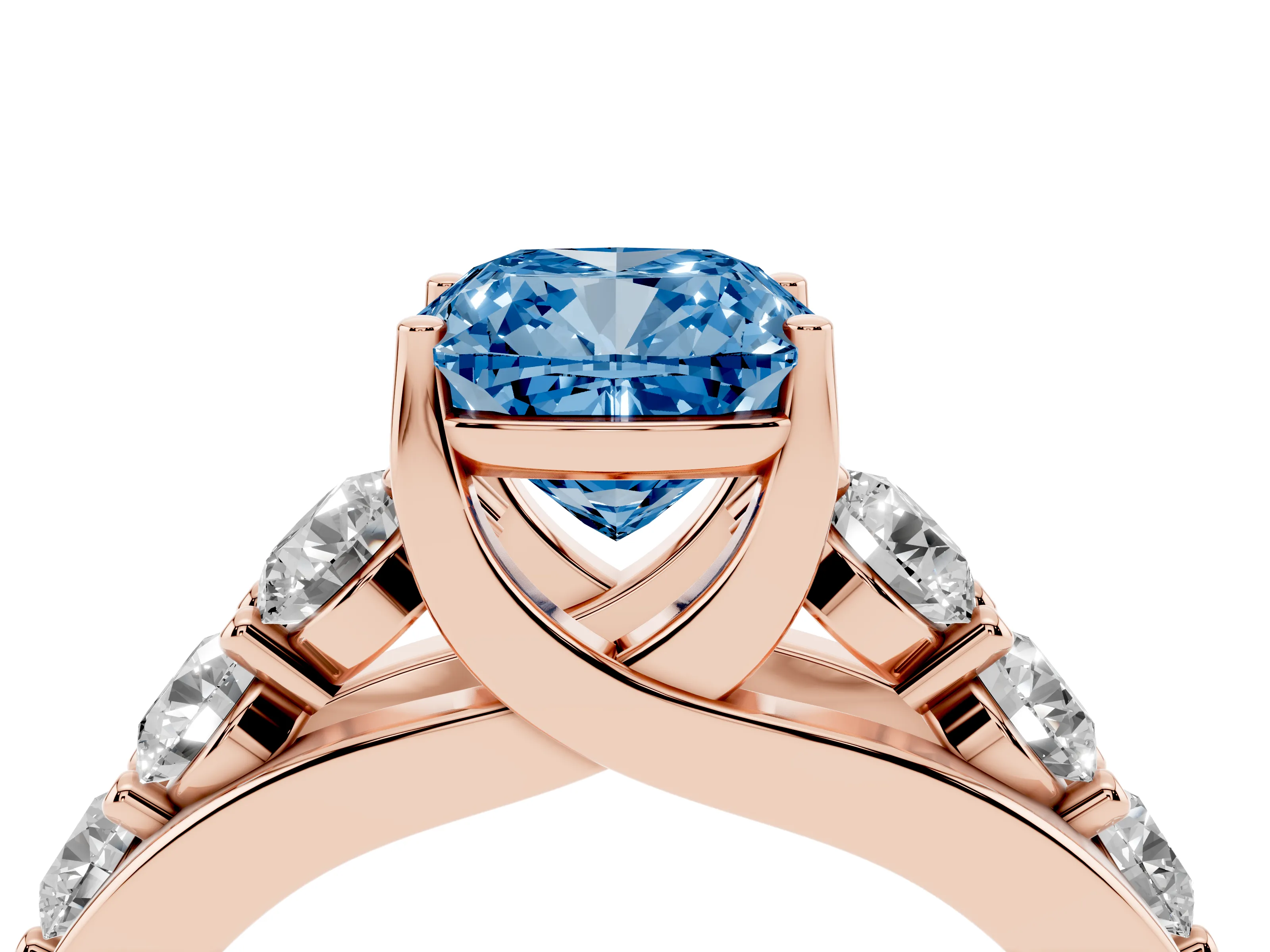 Fancy Blue Cushion Cut Diamond Pavé Engagement Ring Set in Rose gold with Prong Setting