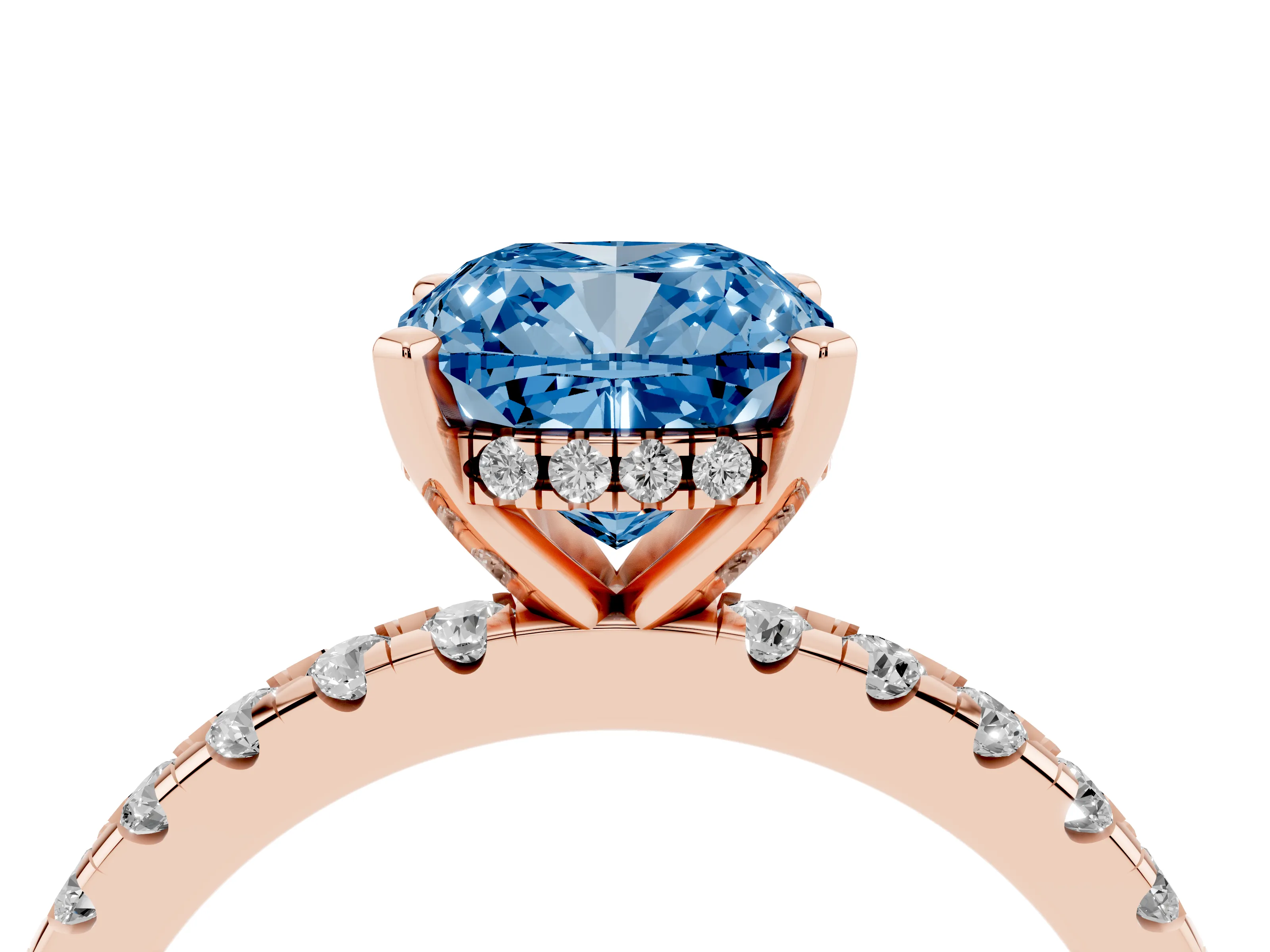 Fancy Blue Cushion Cut Diamond Pavé Solitaire Ring Set in Rose gold with Round Band Accents and Prong Setting