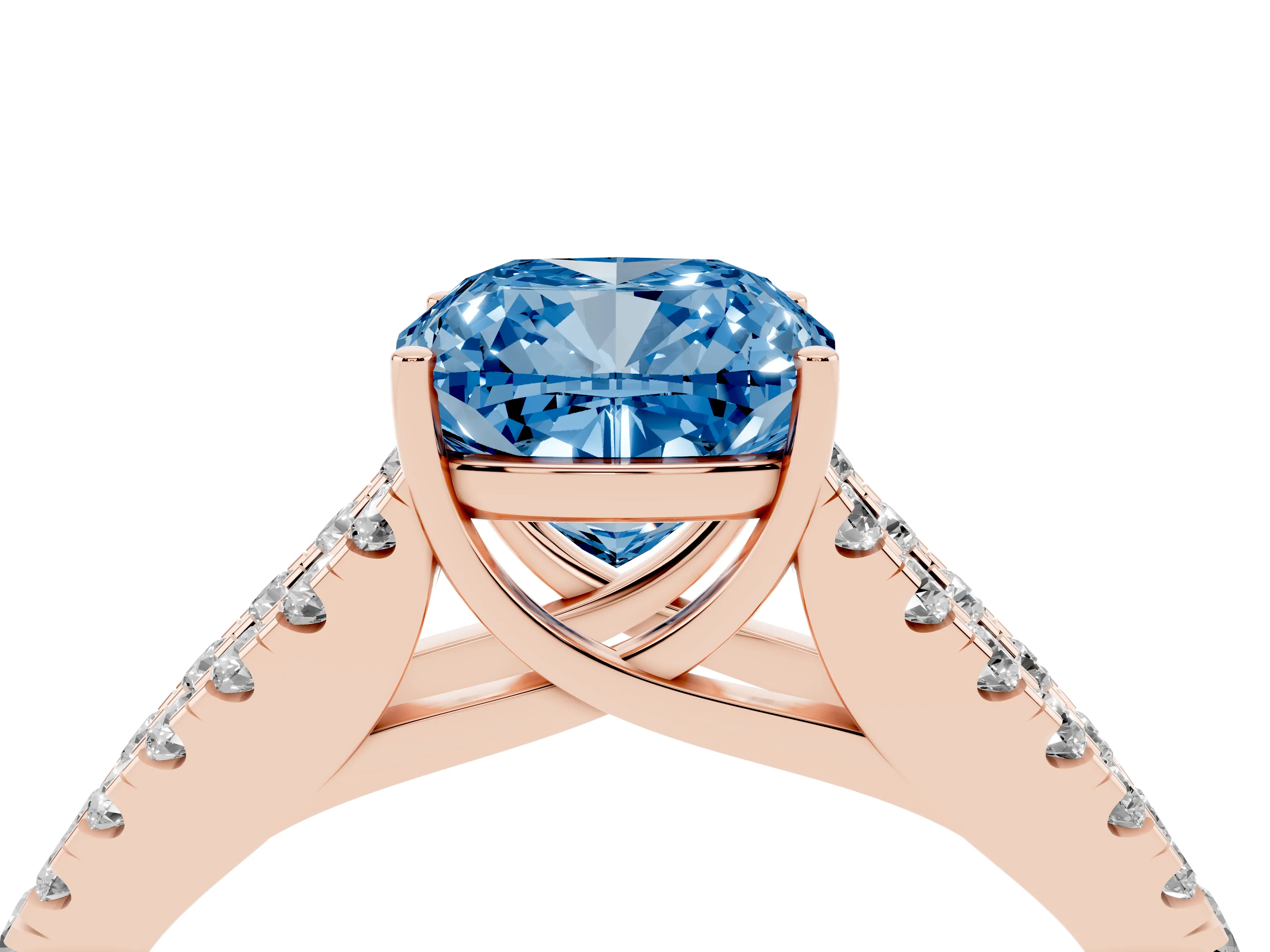 Fancy Blue Cushion Cut Diamond Split Shank Pavé Engagement Ring Set in Rose gold with Prong-Held Center Stone