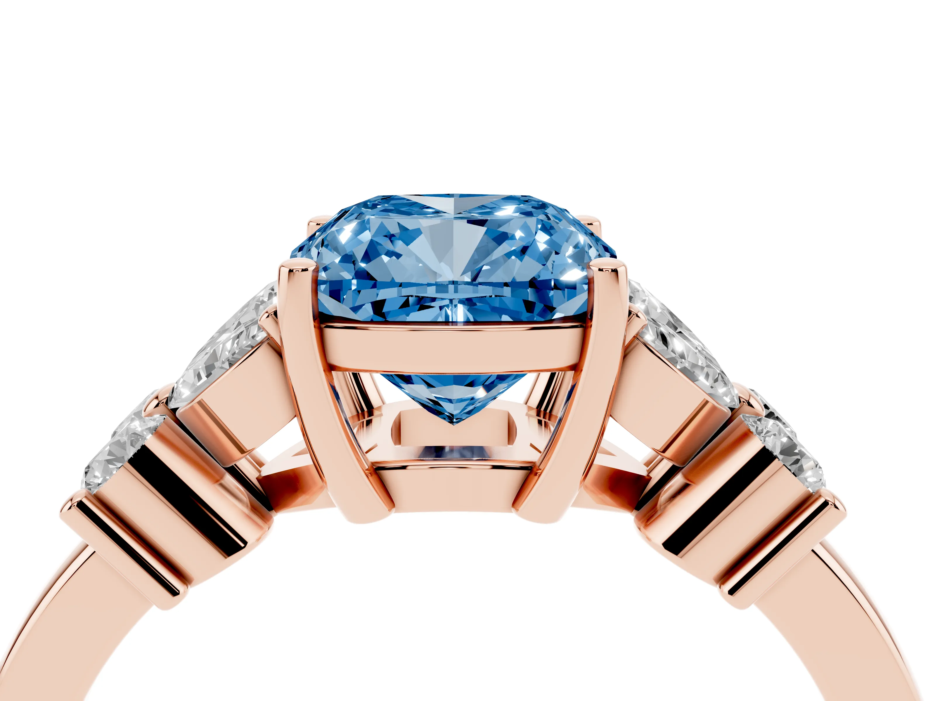 Fancy Blue Cushion Cut Diamond Floral Cluster Ring Set in Rose gold with Marquise Petals and Prong Setting