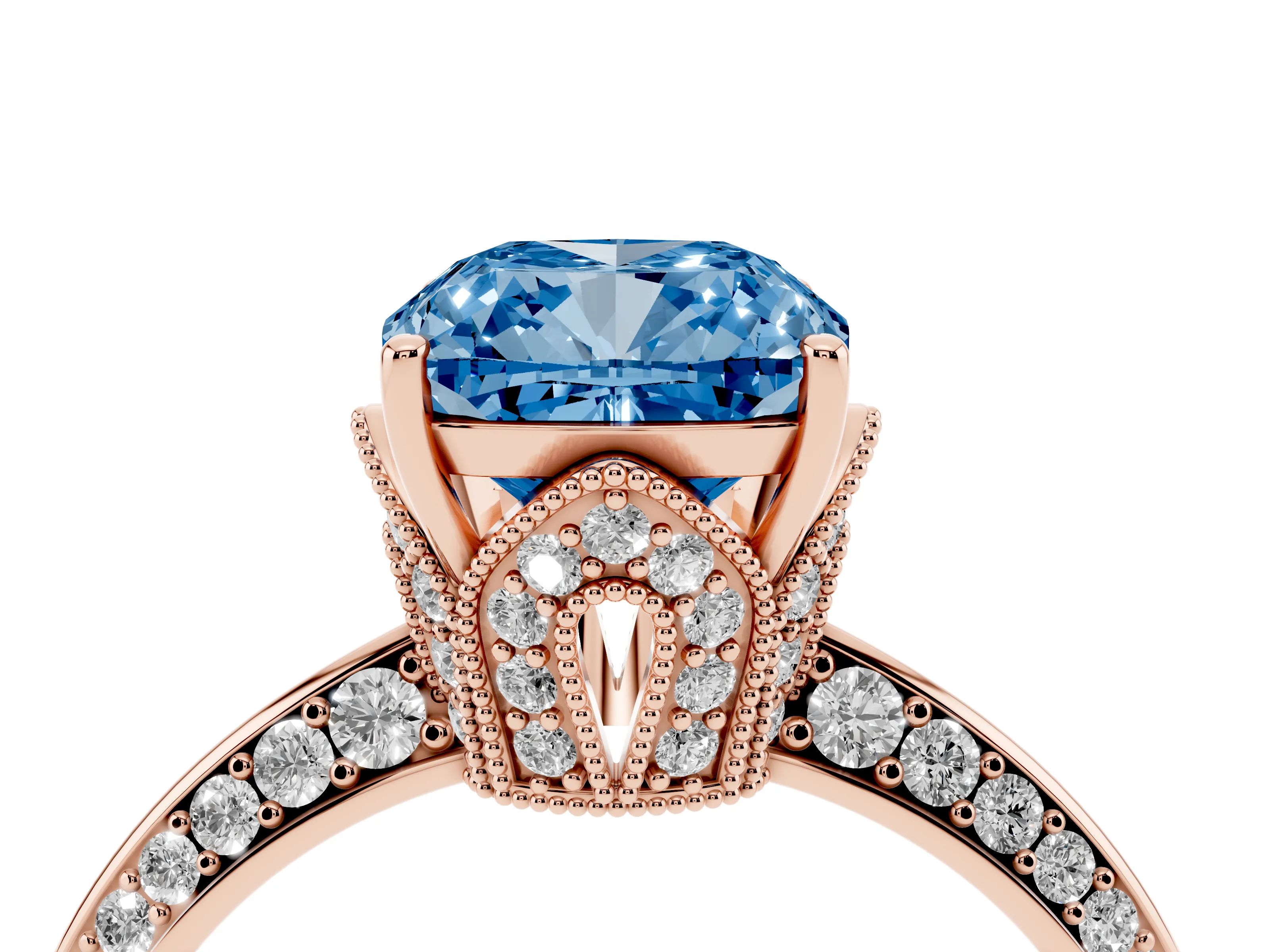 Fancy Blue Cushion Cut Diamond Solitaire Engagement Ring Set in Rose gold with Pavé Split Shank and Prong Setting