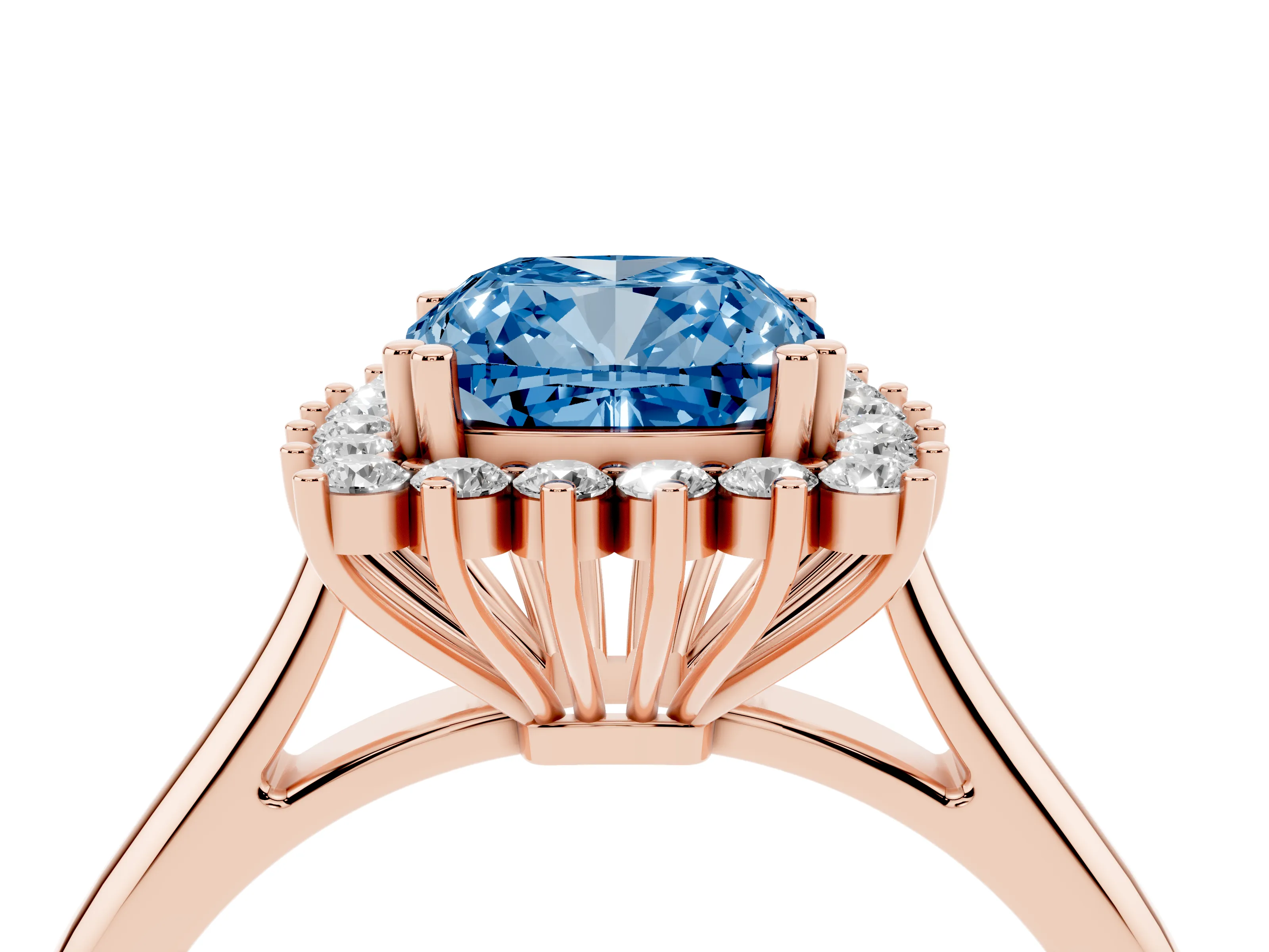 Fancy Blue Cushion Cut Diamond Halo Ring Set in Rose gold with Plain Solitaire Band and Prong Setting