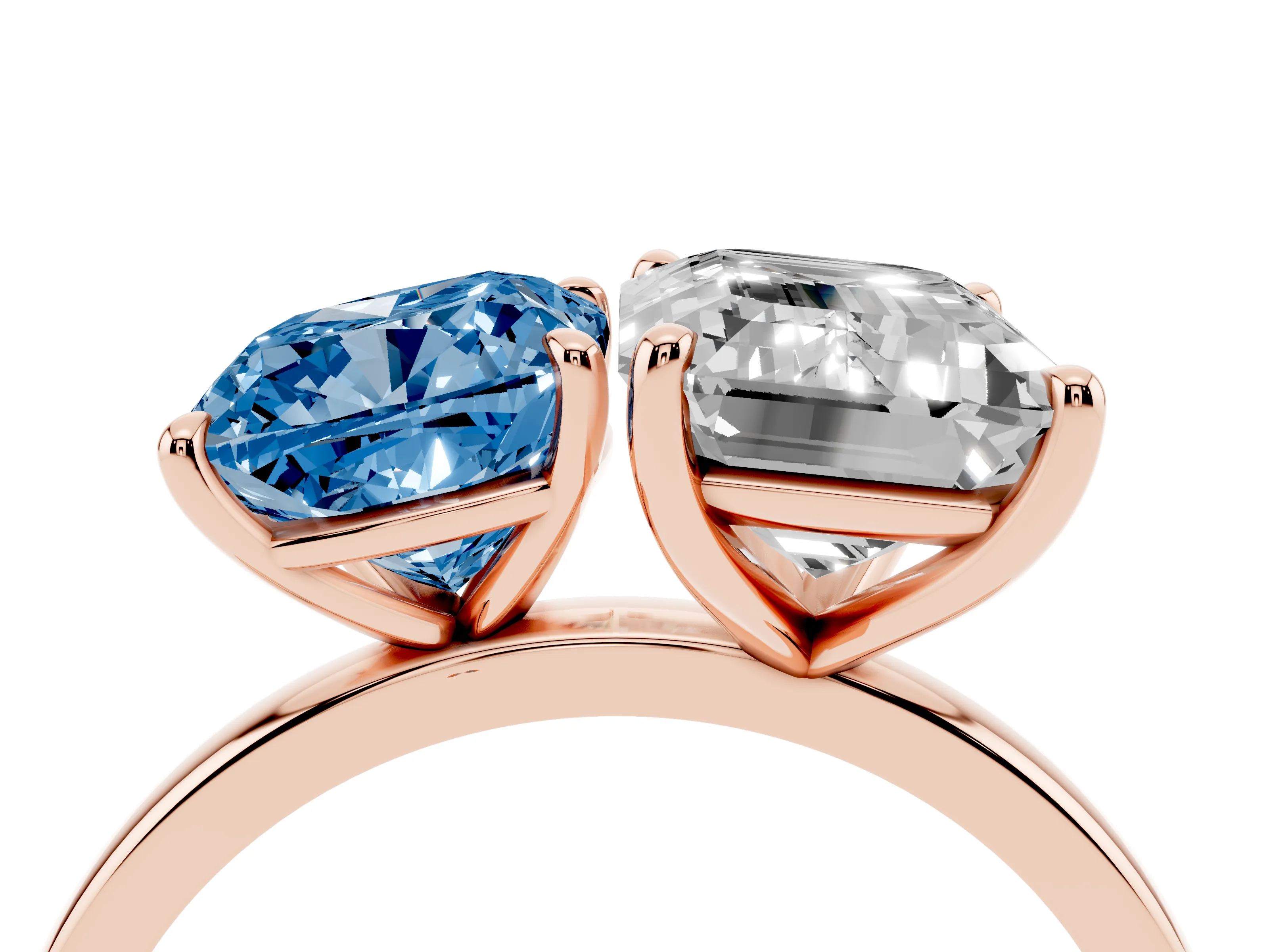 Fancy Blue Cushion Cut and Emerald Cut Toi Moi Ring Set in Rose gold with Prong Setting