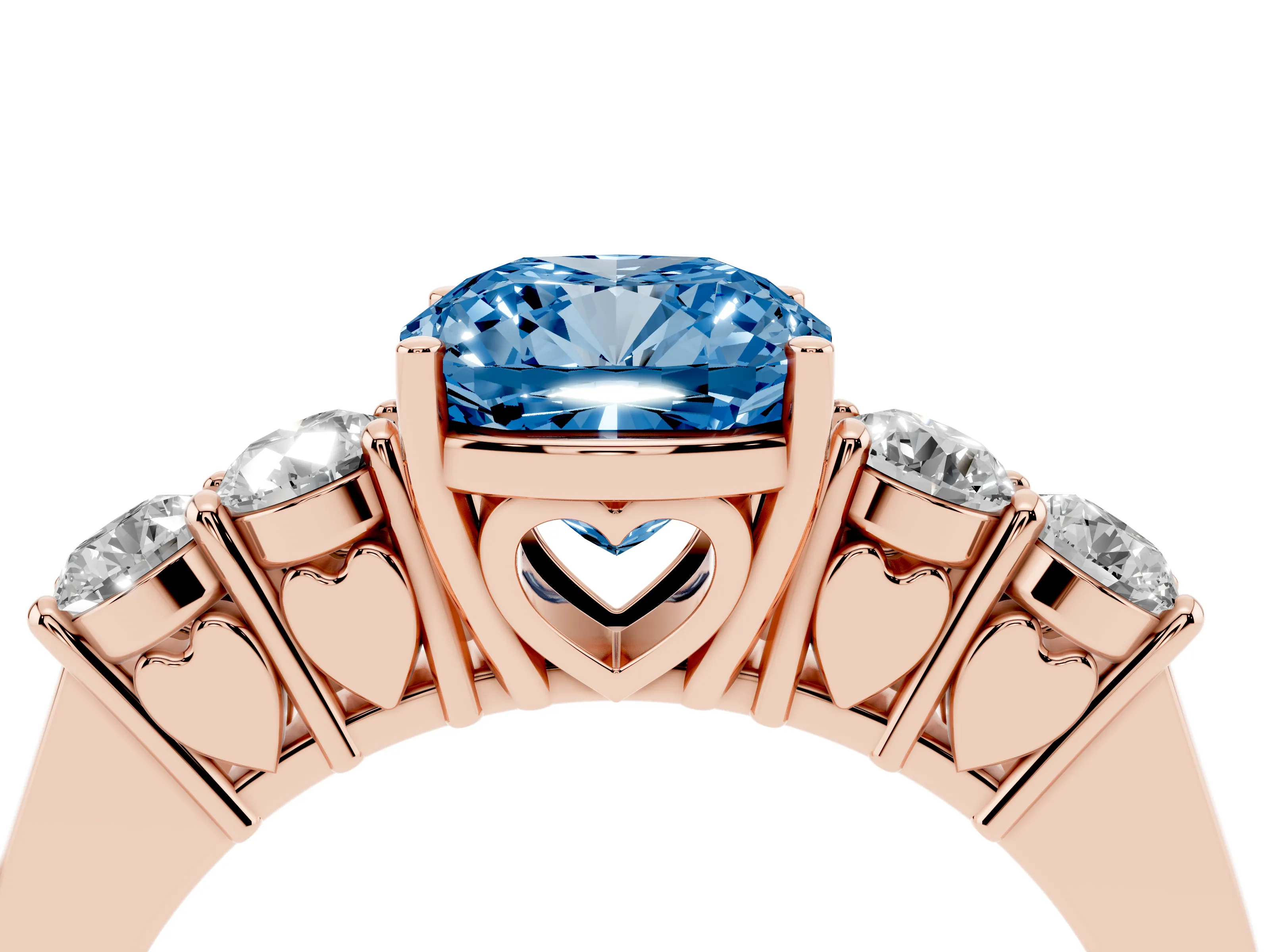 Fancy Blue Cushion Cut Diamond Five-Stone Prong Set Band Ring Set in Rose gold with Polished Band