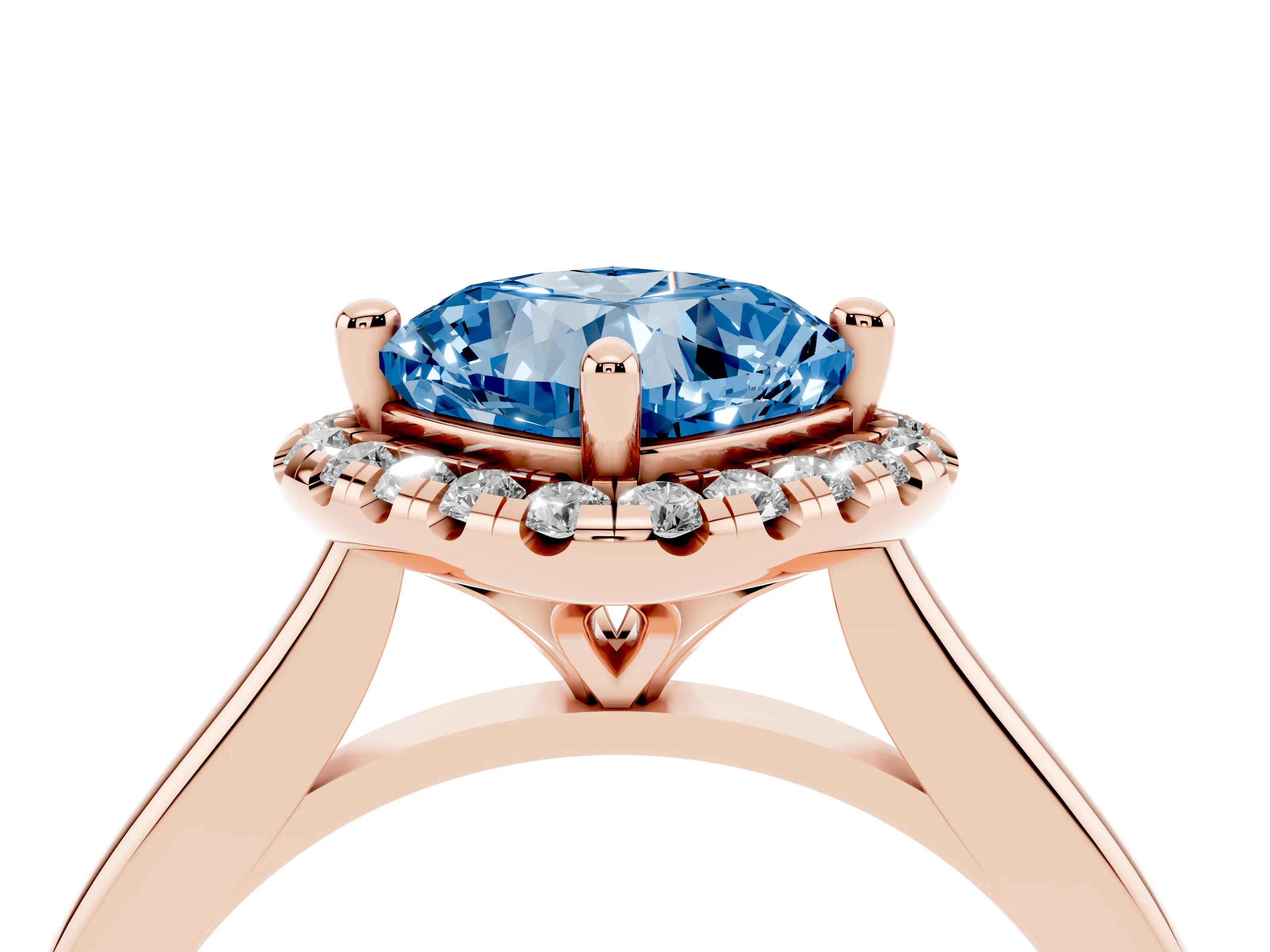 Fancy Blue Cushion Cut Diamond Halo Engagement Ring Set in Rose gold with Pavé Band and Rising Shoulders
