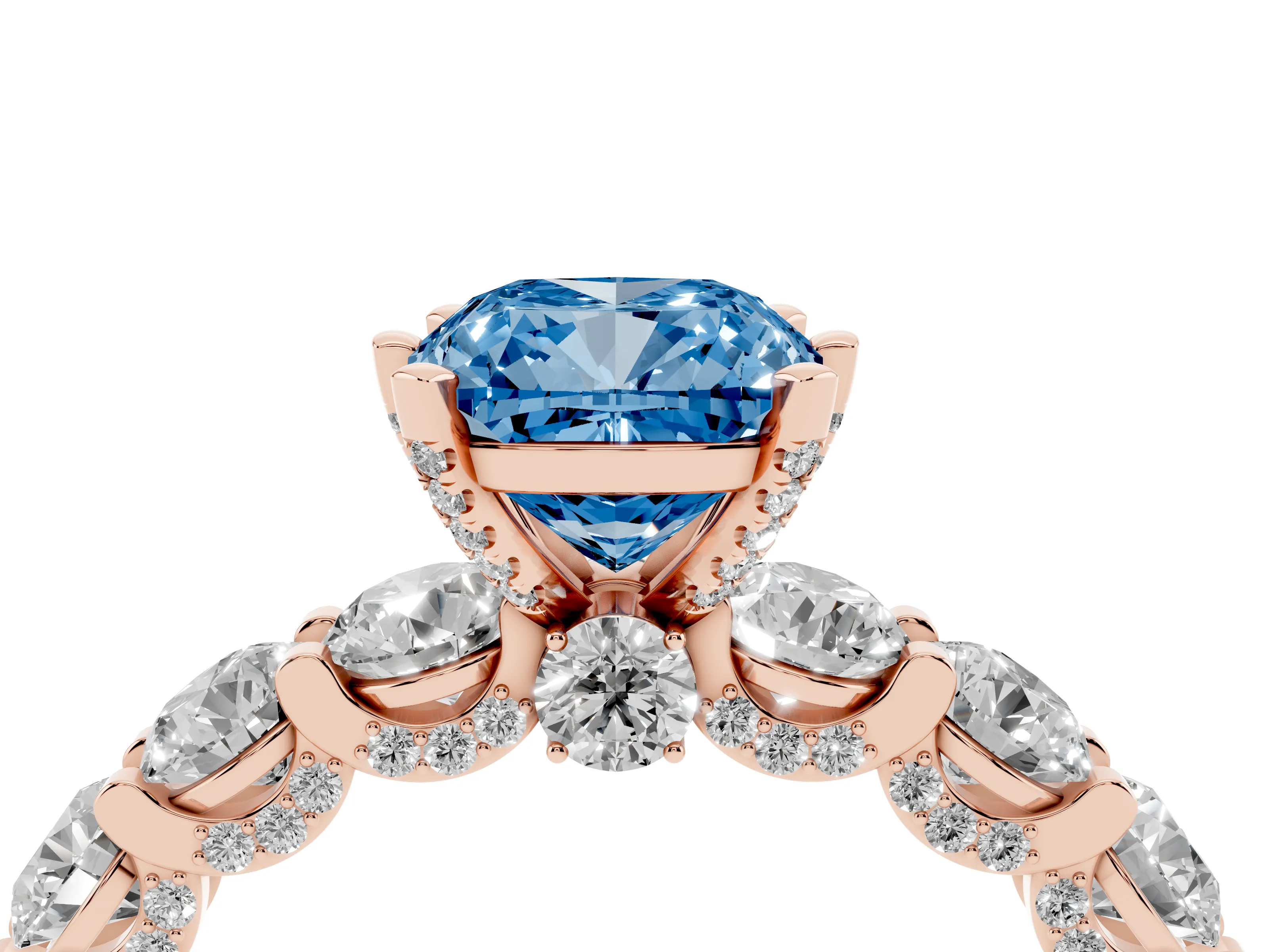 Fancy Blue Cushion Cut Diamond Side Stone Ring Set in Rose gold with Alternating Round and Oval Side Stones