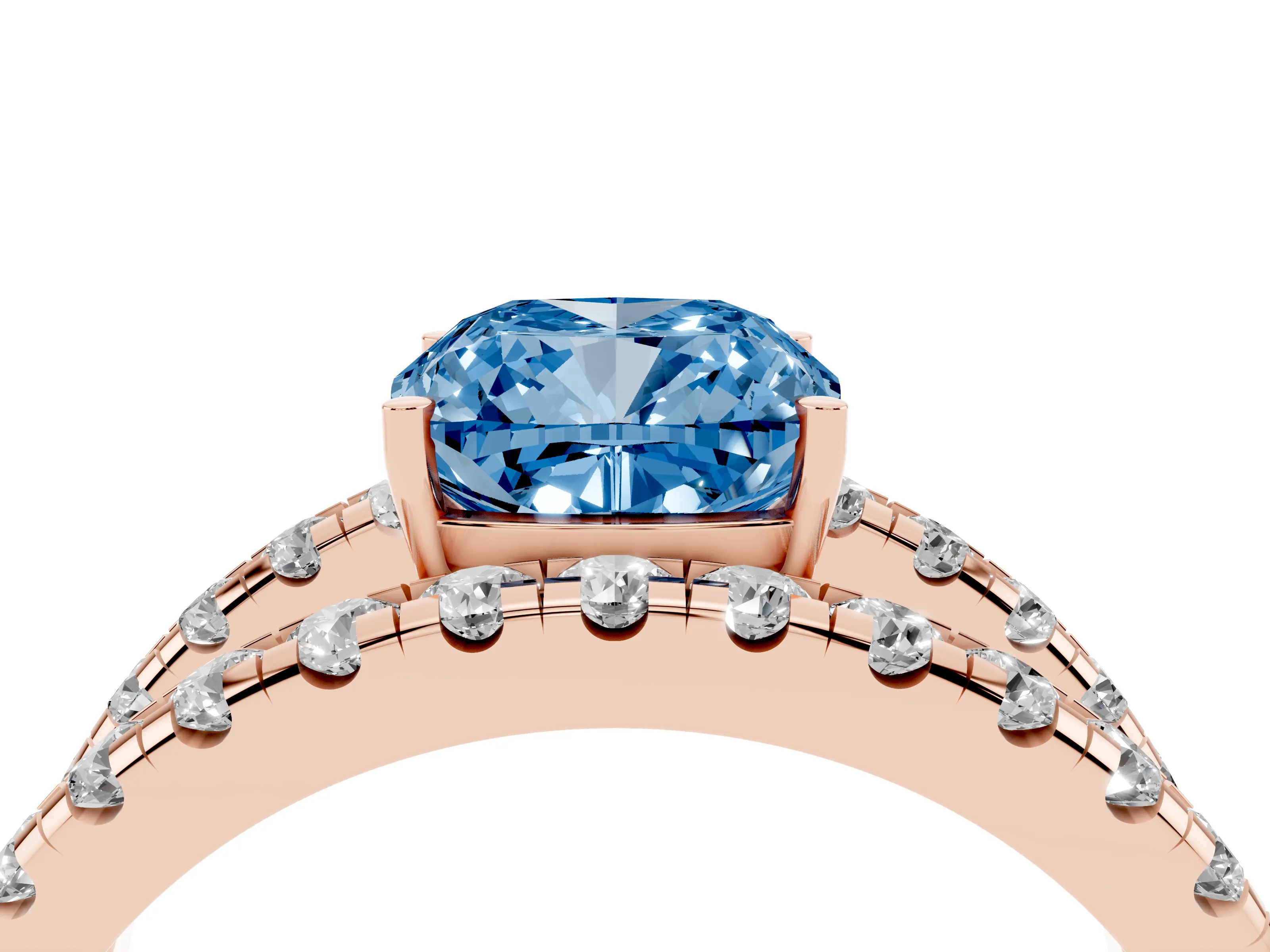 Fancy Blue Cushion Cut Diamond Split Shank Pavé Solitaire Ring Set in Rose gold with Open Shank Design