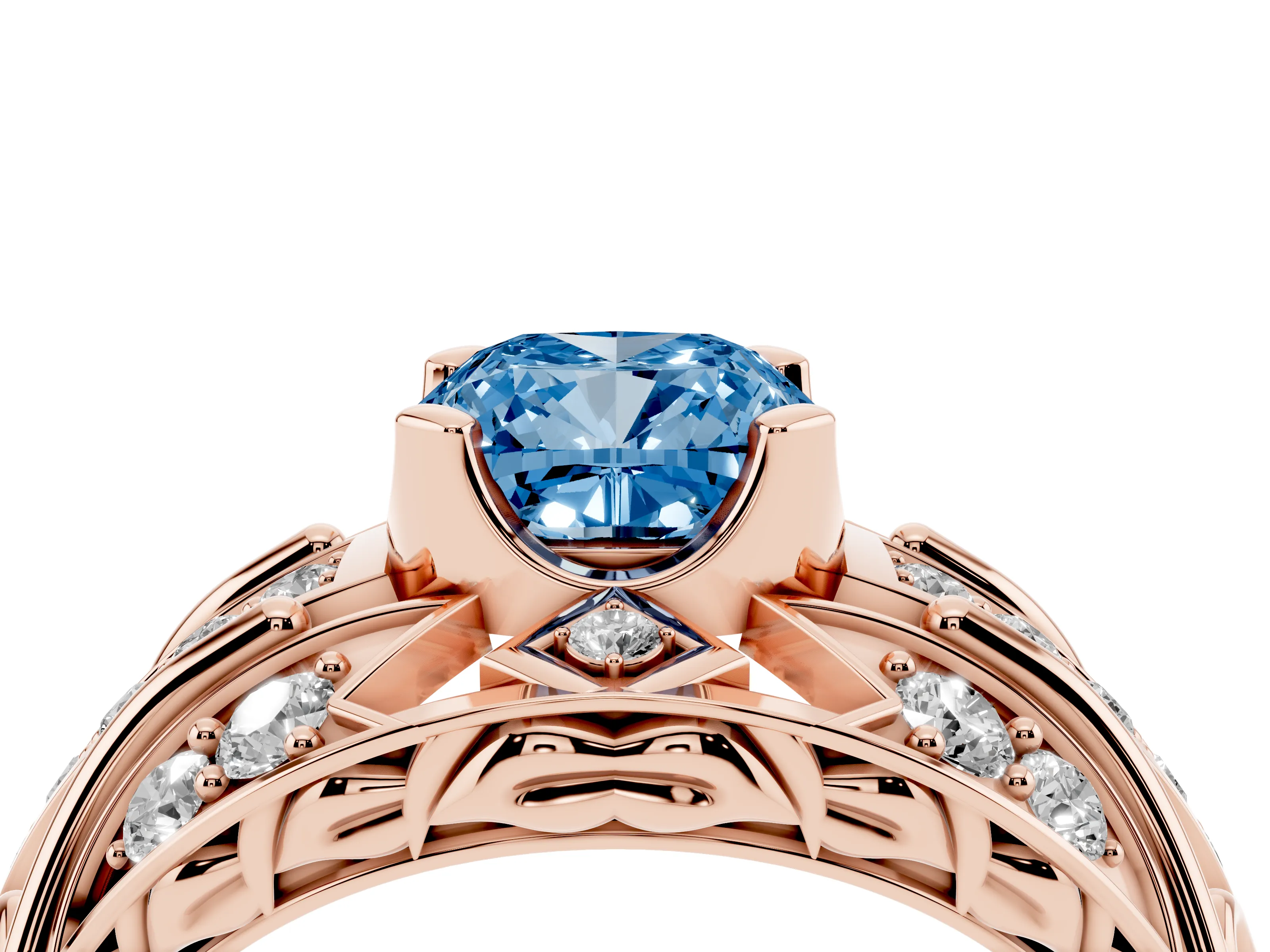 Fancy Blue Cushion Cut Diamond Art Deco Ring Set in Rose gold with Pavé Split Shank