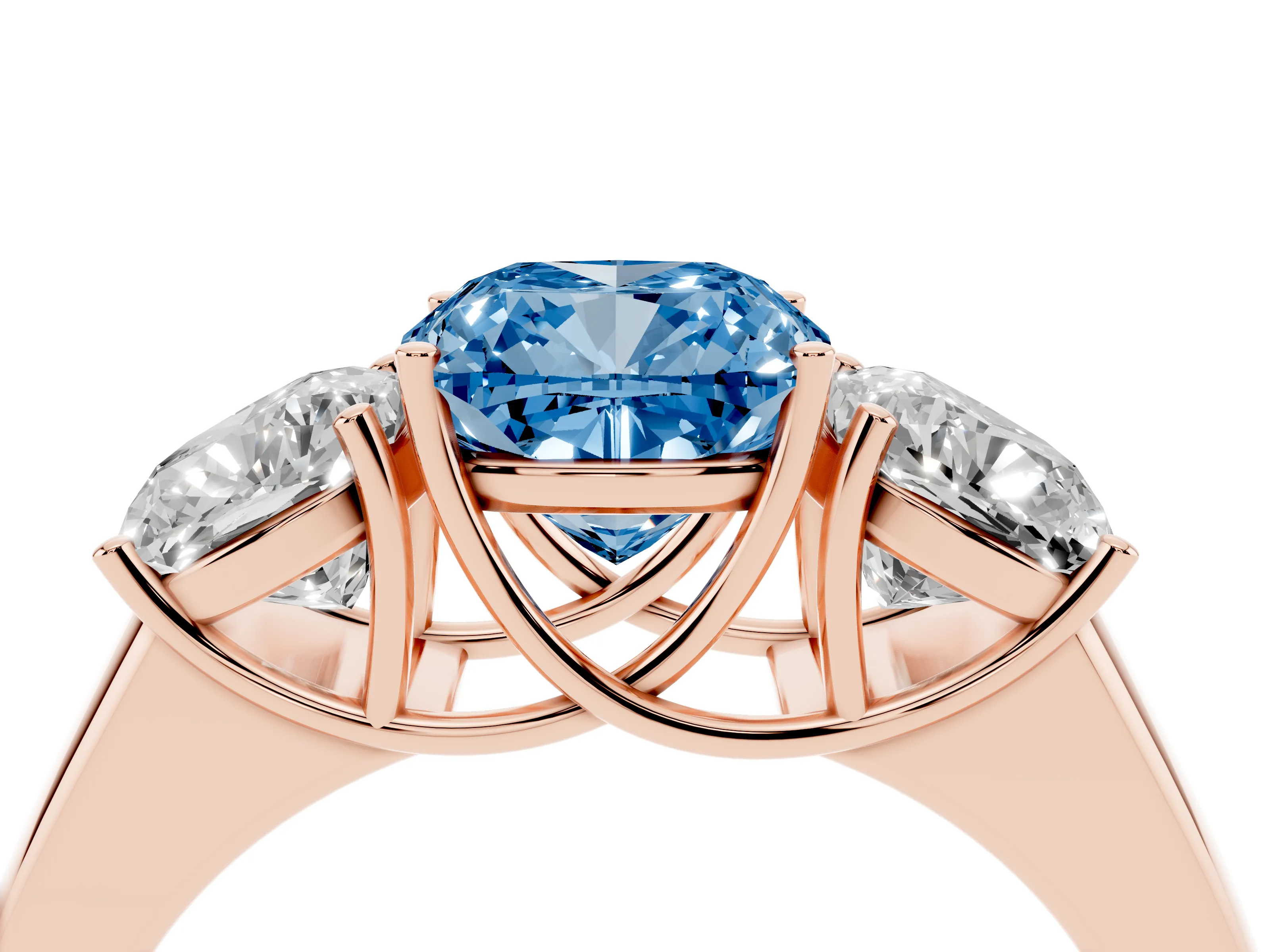 Fancy Blue Three-Stone Cushion Cut Diamond Ring Set in Rose gold with Matching Prong Settings and Plain Band